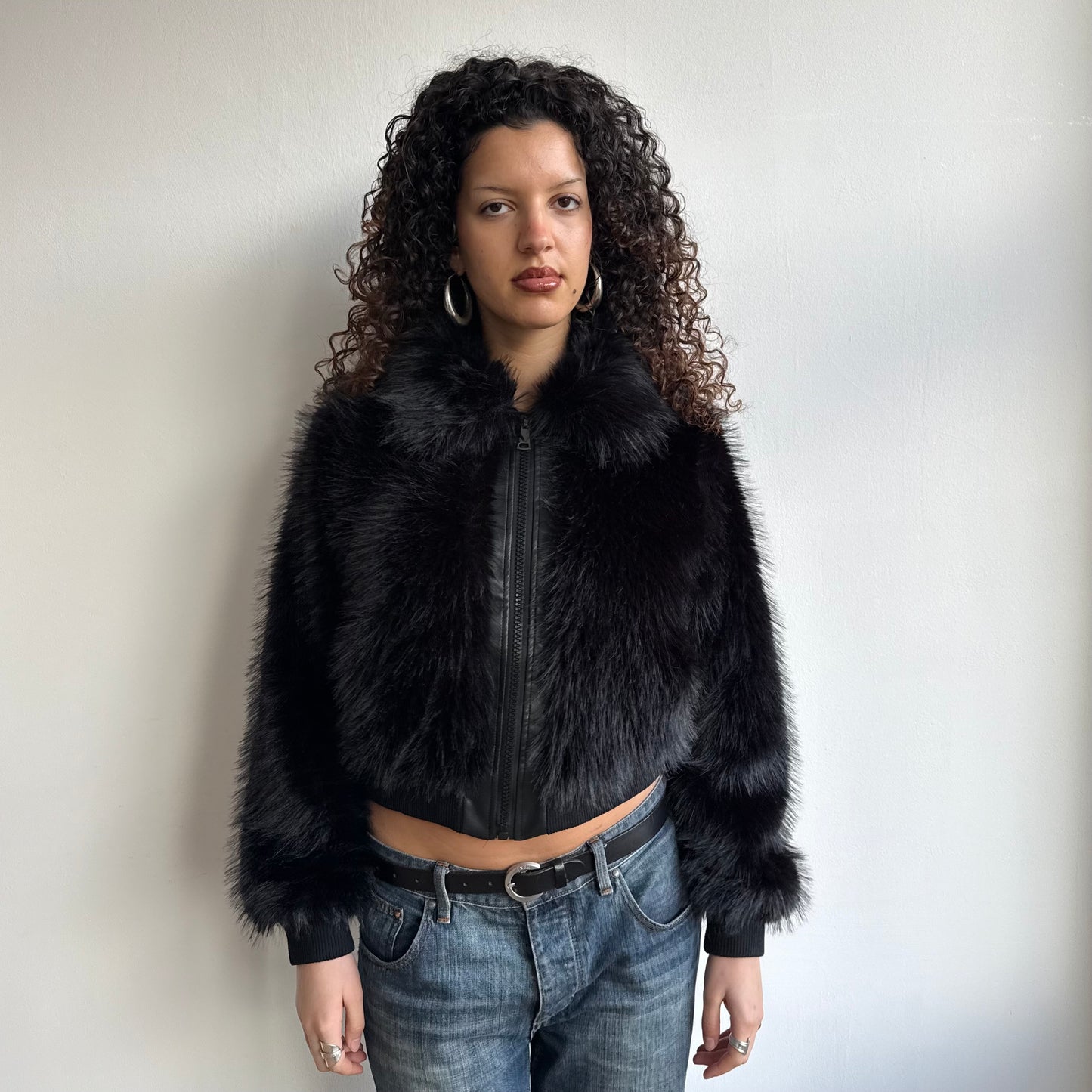 Black faux fur bomber - Size S