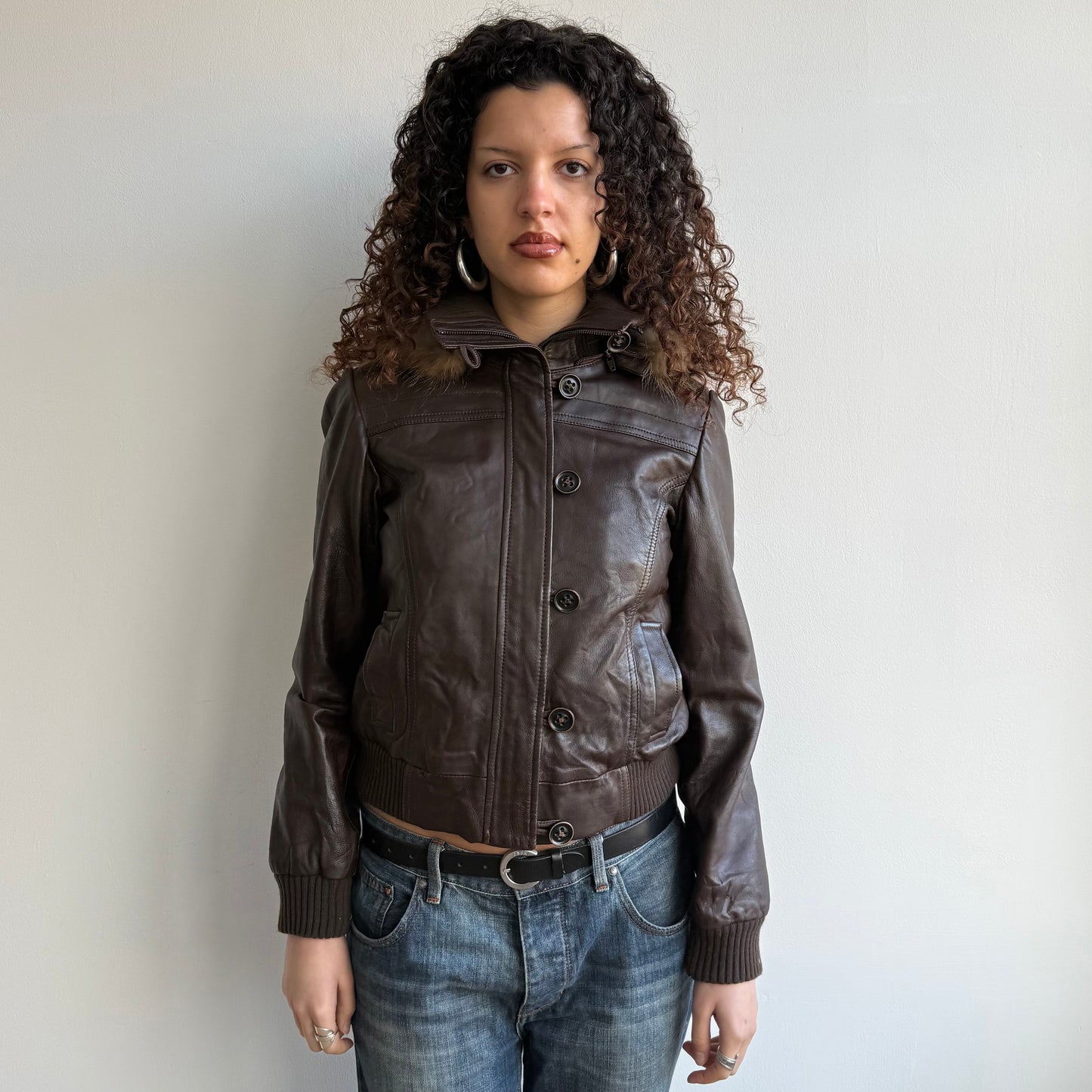 Chestnut brown leather fur hood bomber - Size S/M