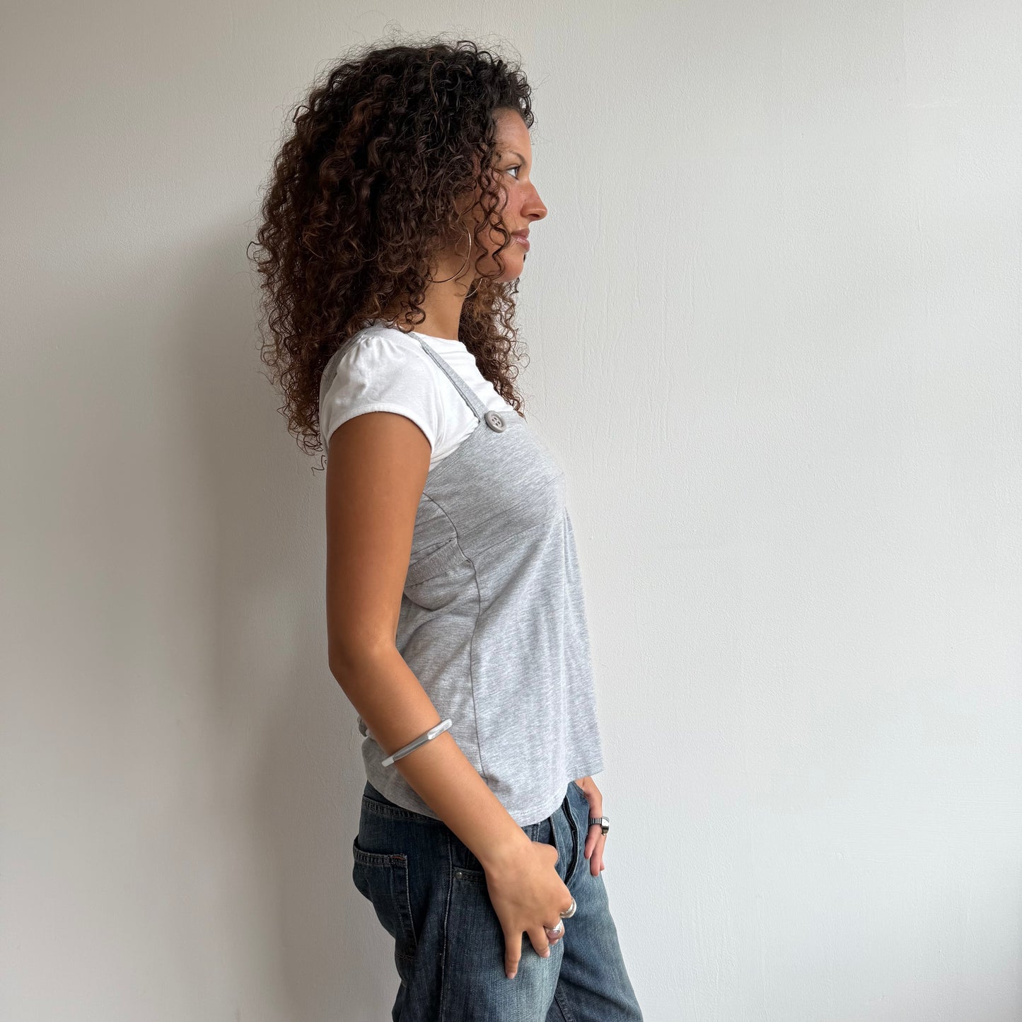 Grey + white dungaree top - Size M