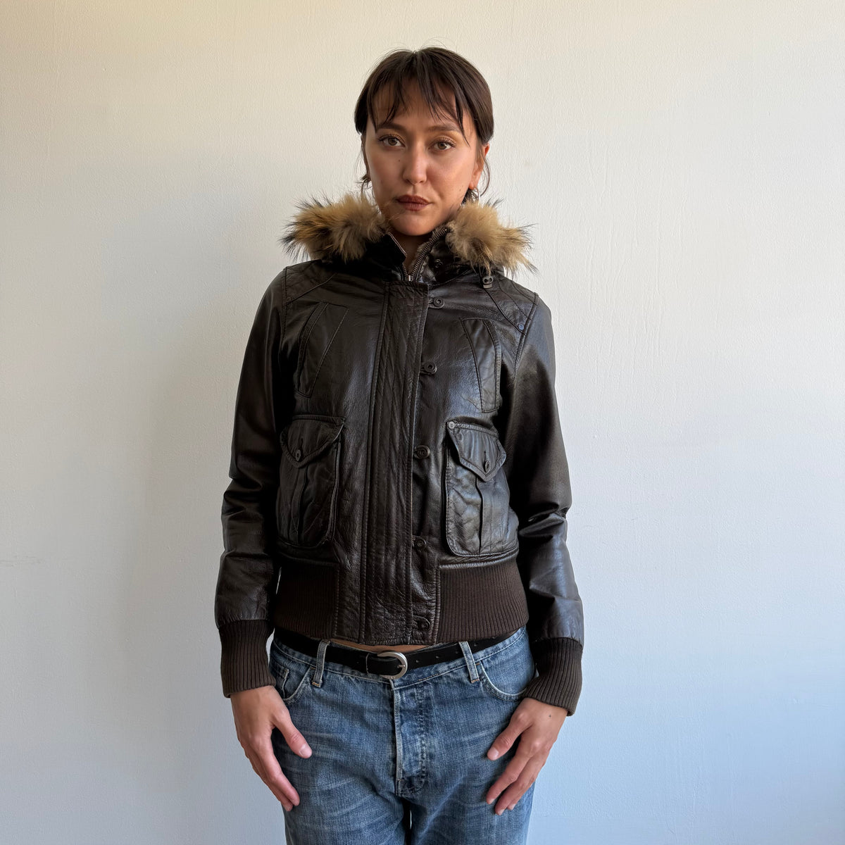Brown leather fur hood bomber - Size S/M