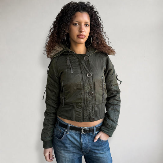 Khaki faux fur hood bomber - Size S