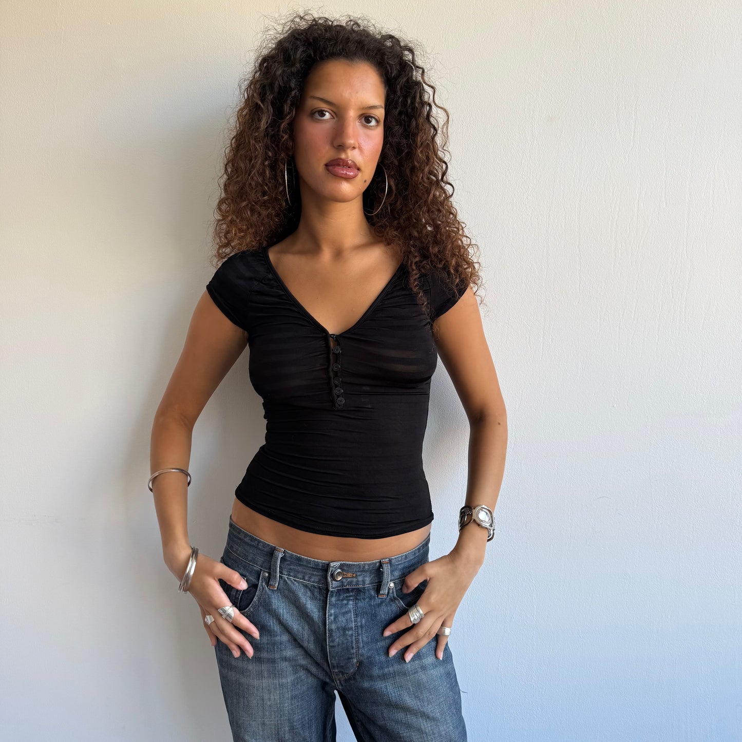 Black striped button top - Size S