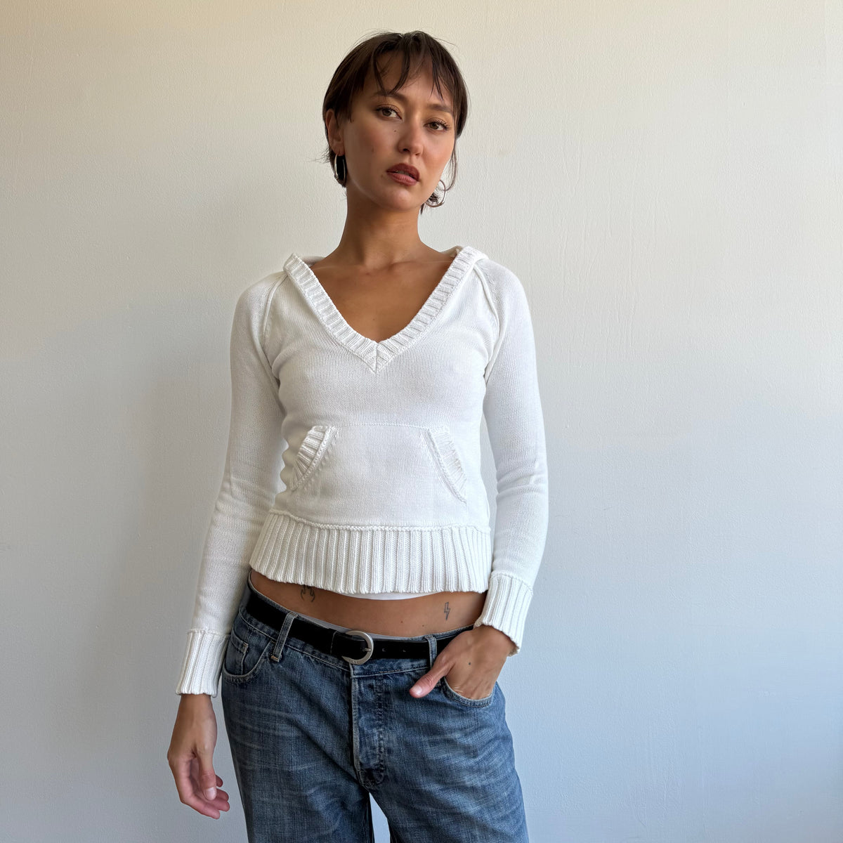 White hooded knit jumper - Size XS