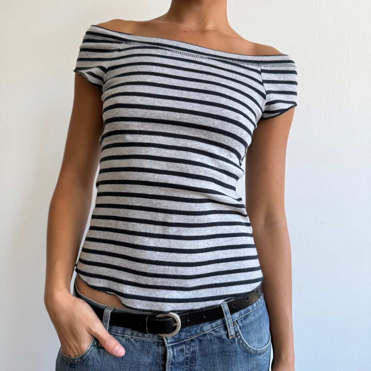Navy + grey striped top - Size S-M