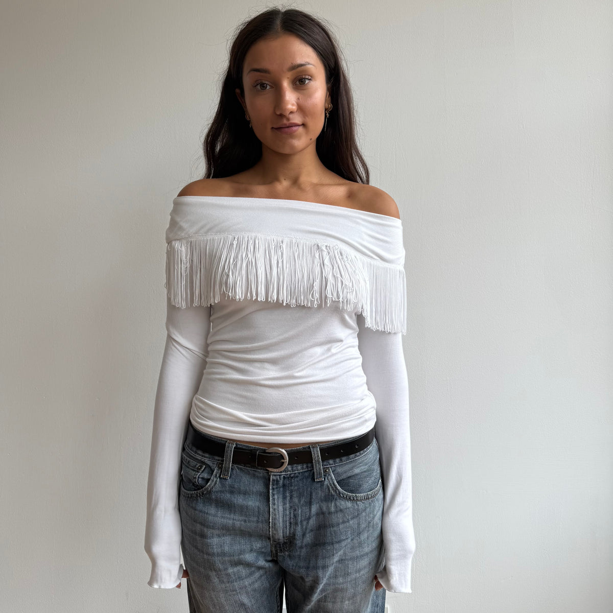 White fringe Bardot top - Size S-M