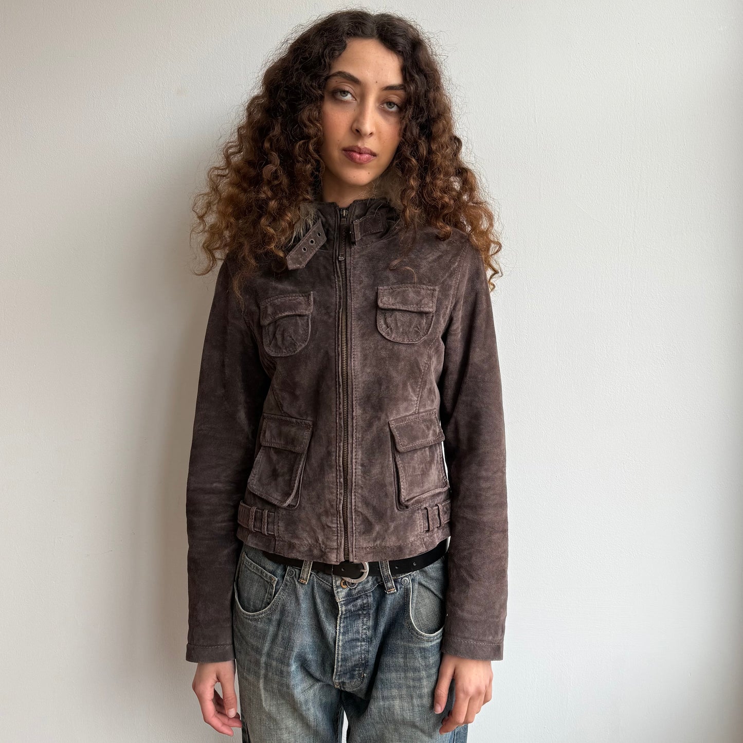 Brown suede fur hood bomber - Size S