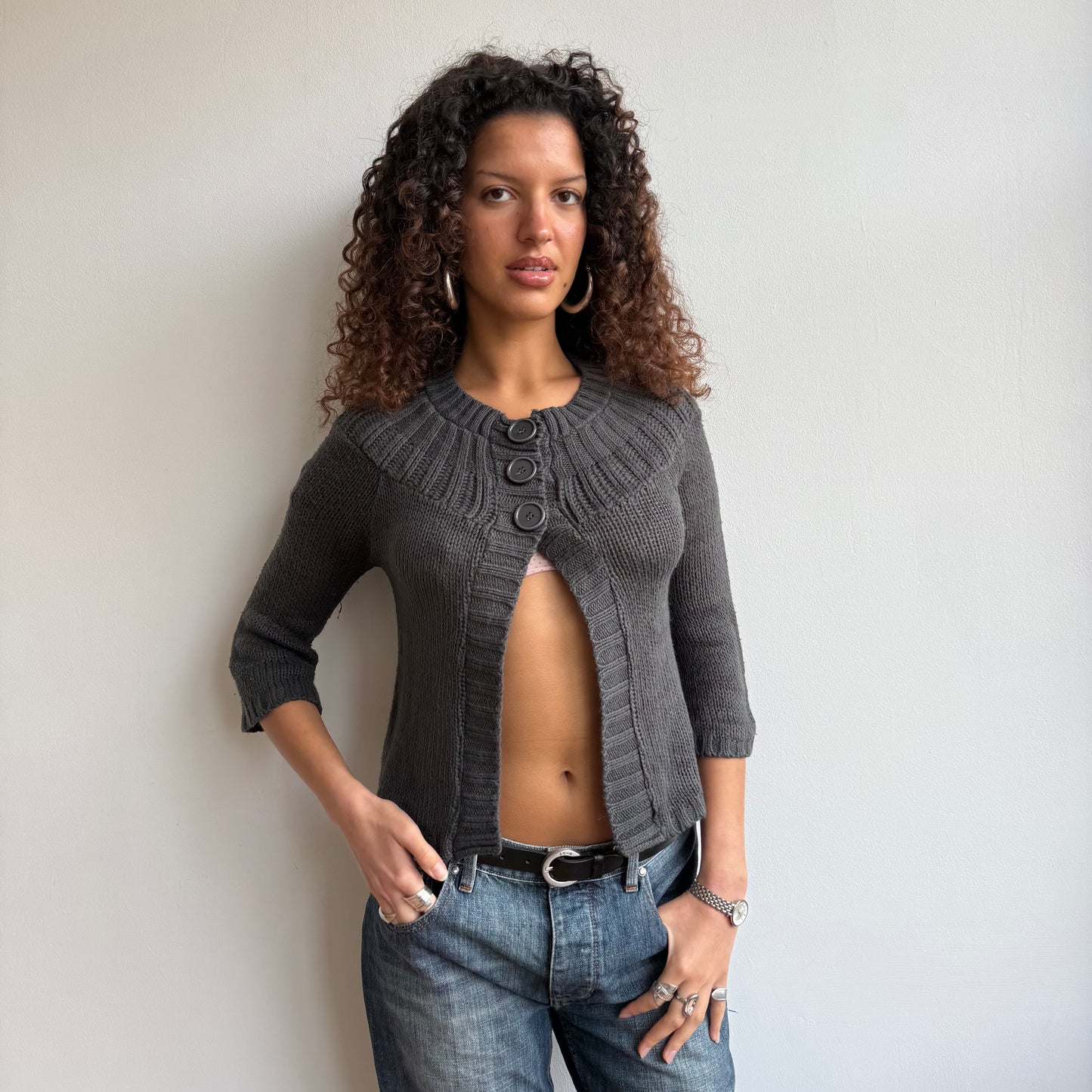 Charcoal button open knit - Size S