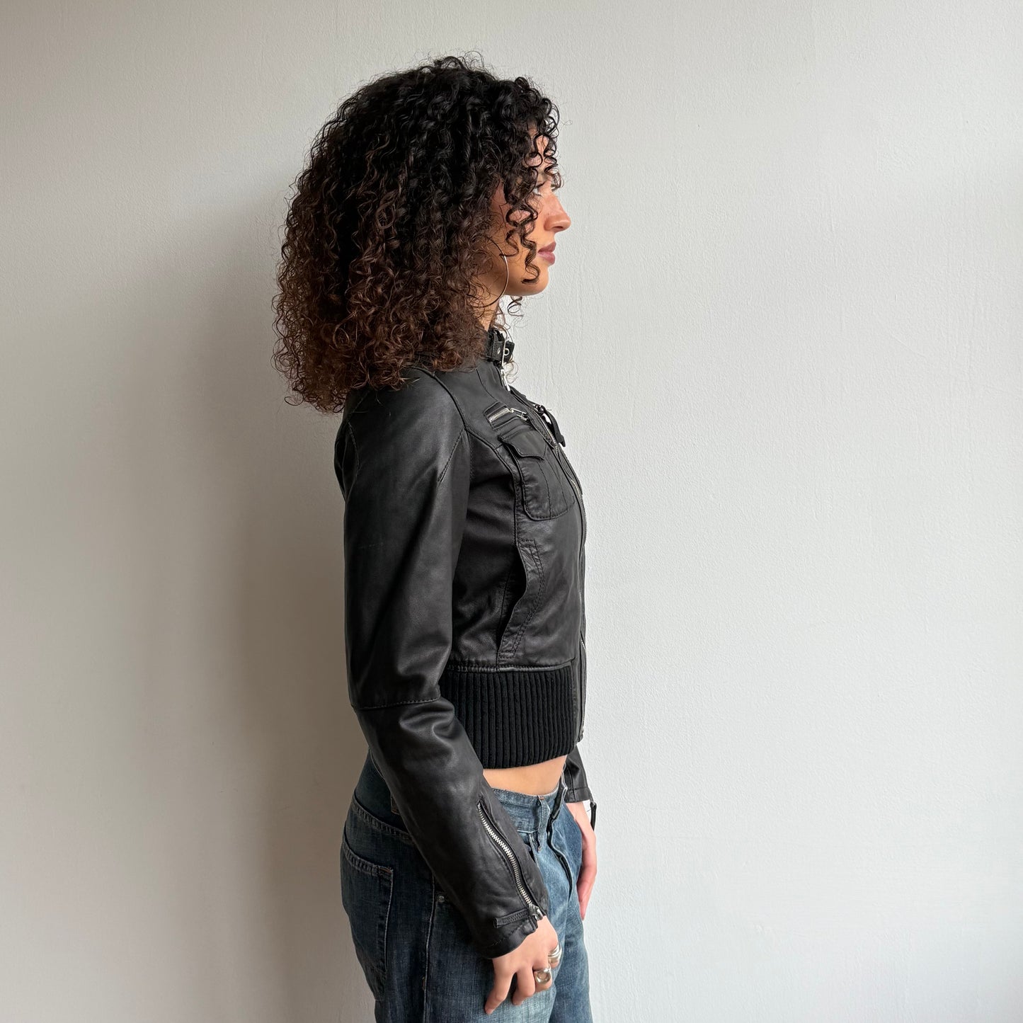 Black buckle neck leather jacket - Size S + S/M