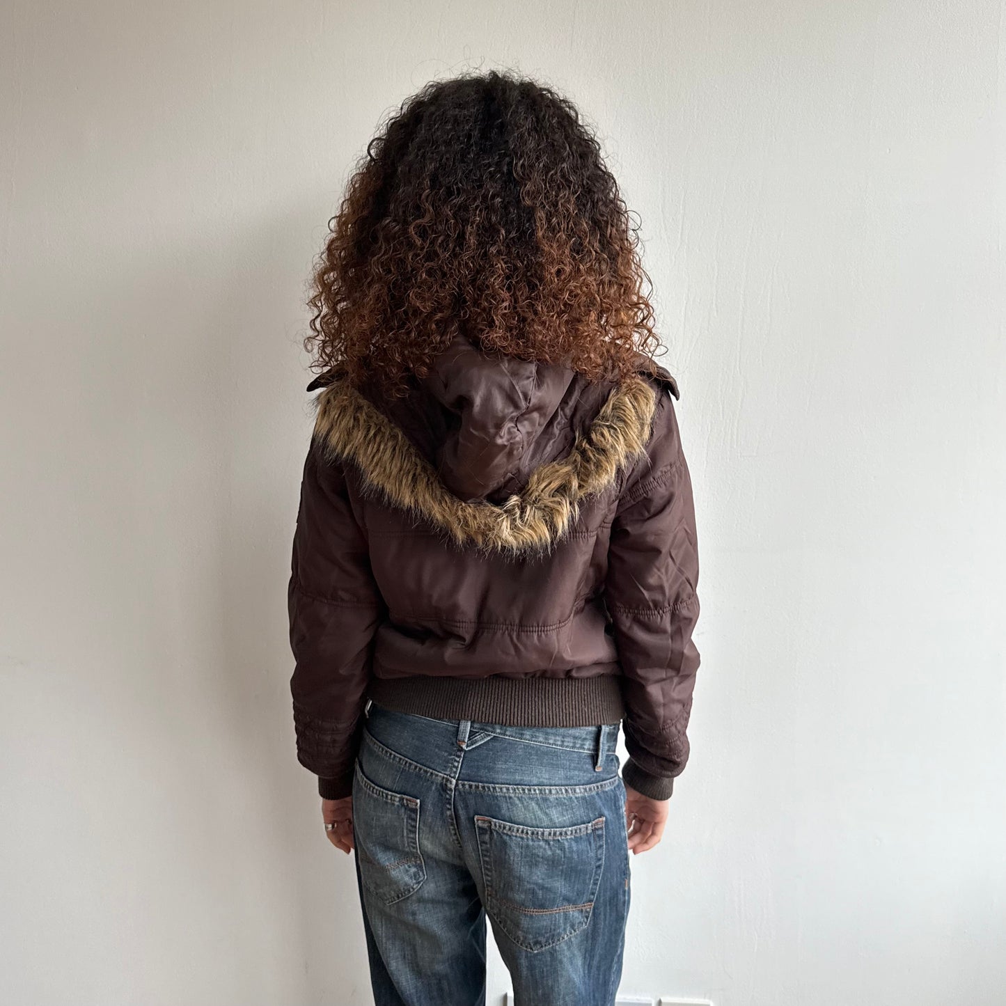 Brown faux fur hood bomber - Size S