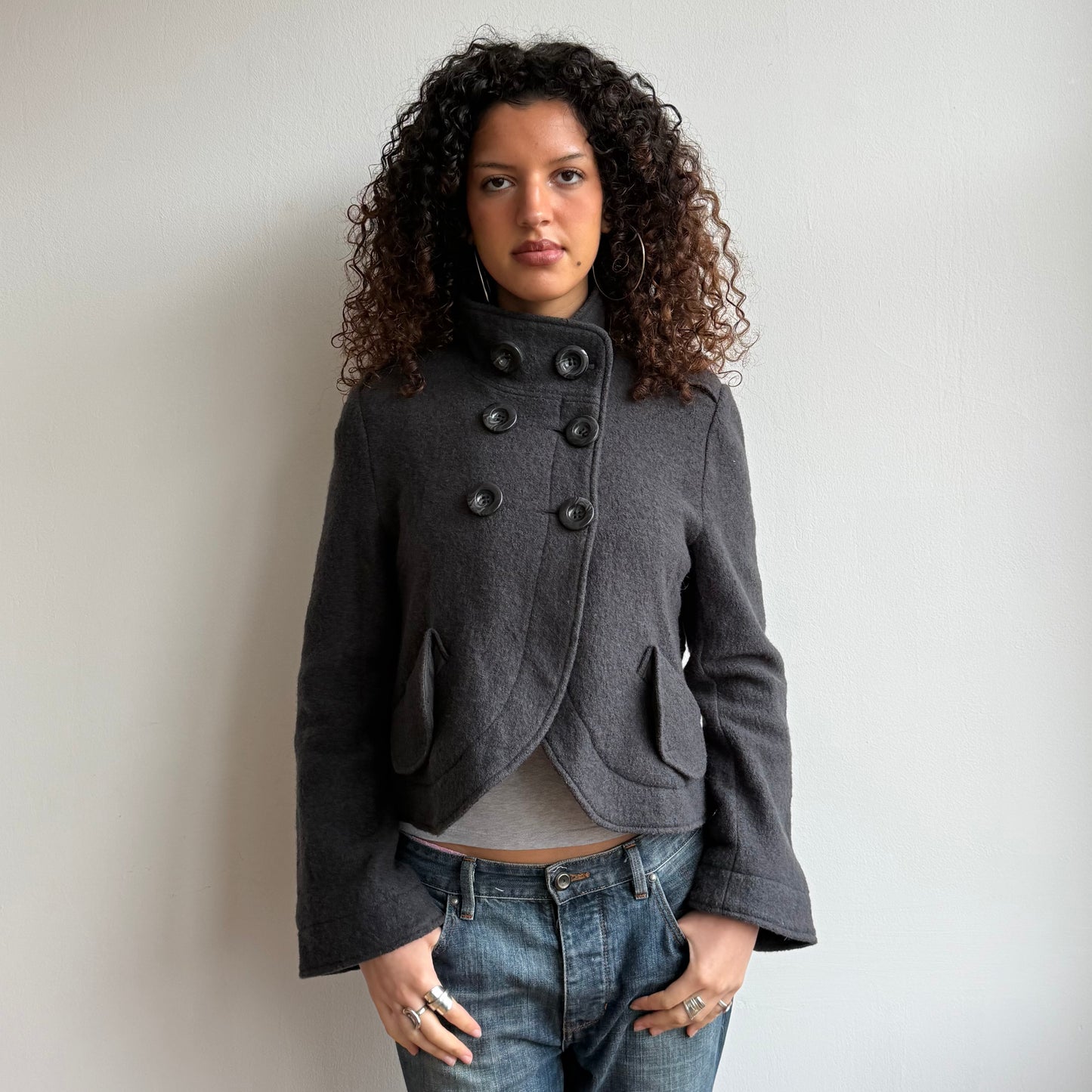 Grey wool asymmetric hem peacoat - Size S + M