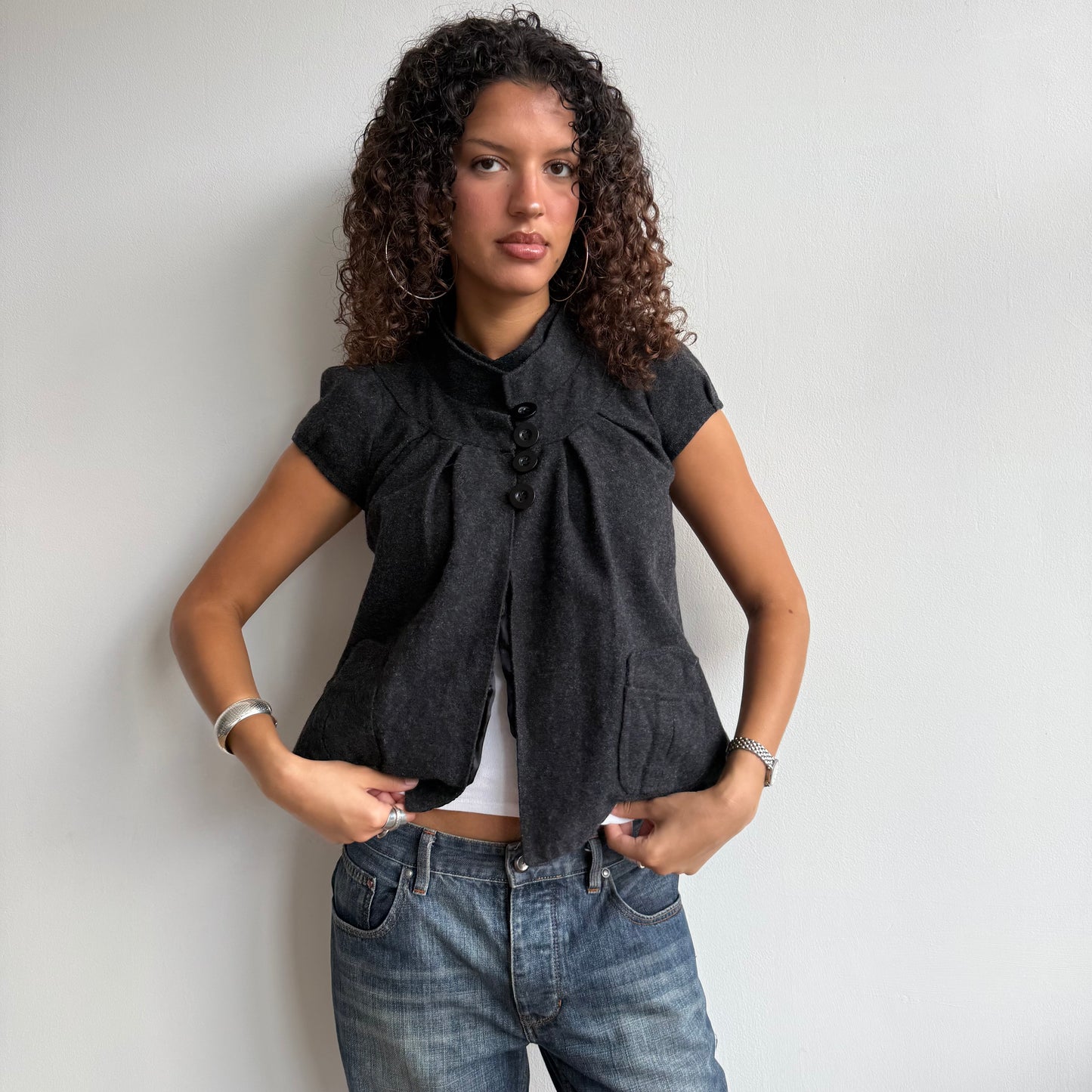 Charcoal short sleeve open peacoat - Size S/M