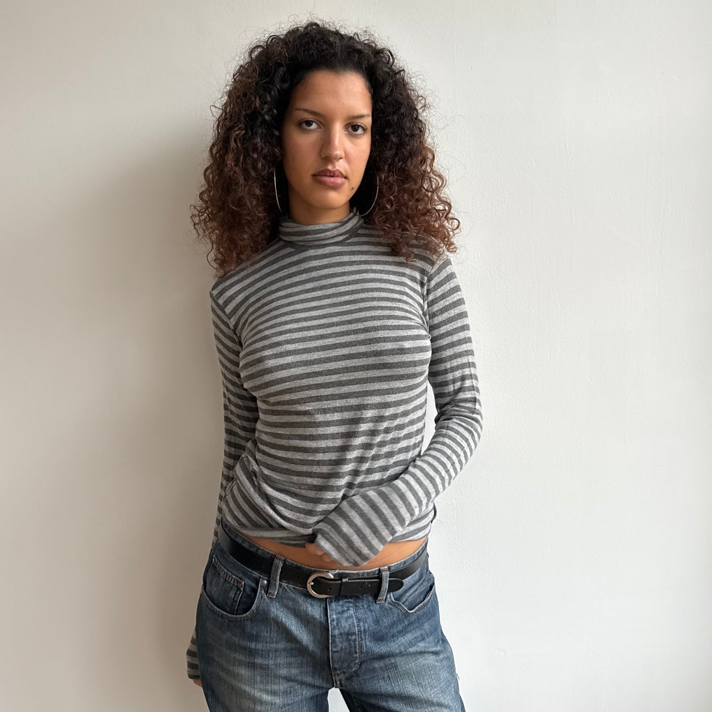 Grey stripe roll neck jumper - Size M