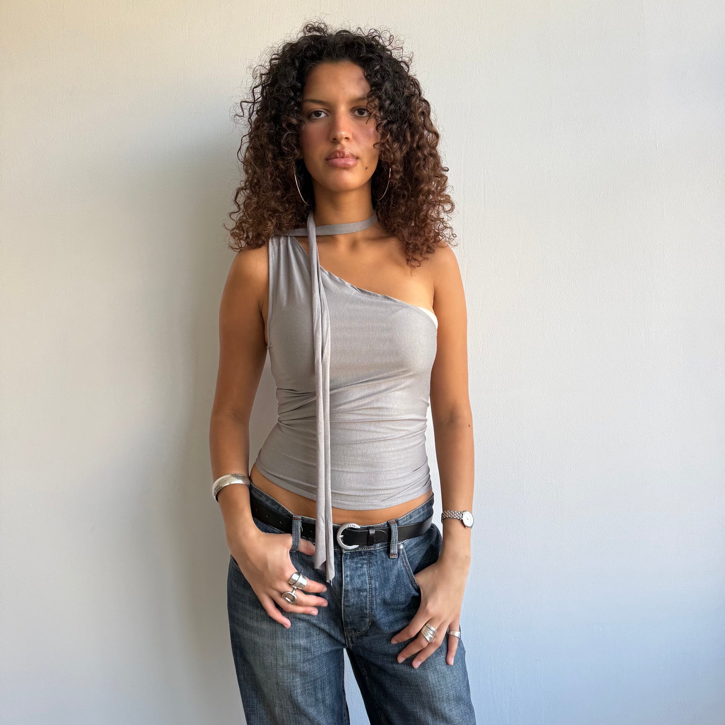 Grey neck tie top - Size XS