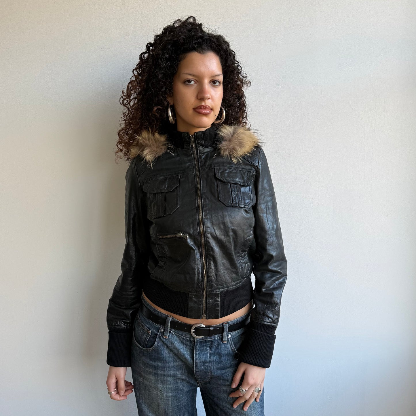 Black leather fur hood zip bomber - Size S/M