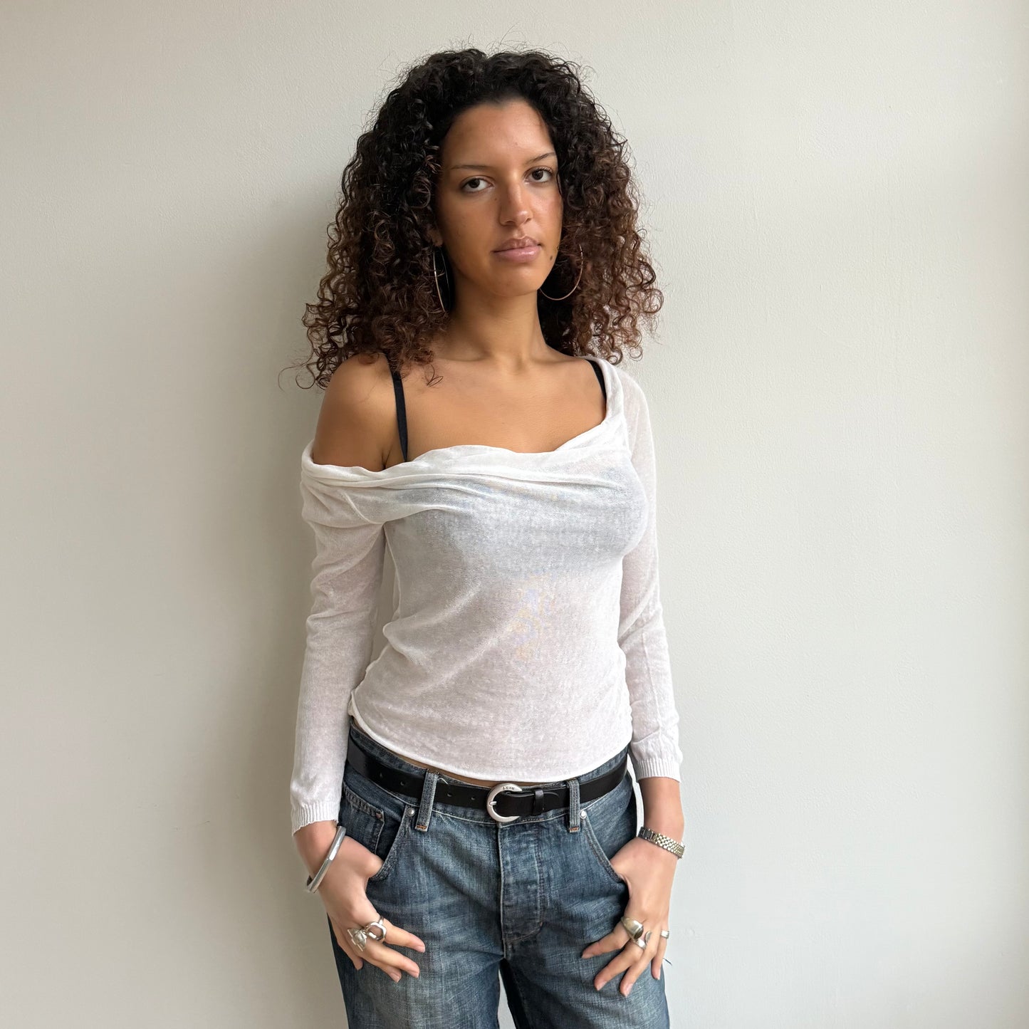 White fine knit slouchy top - Size S