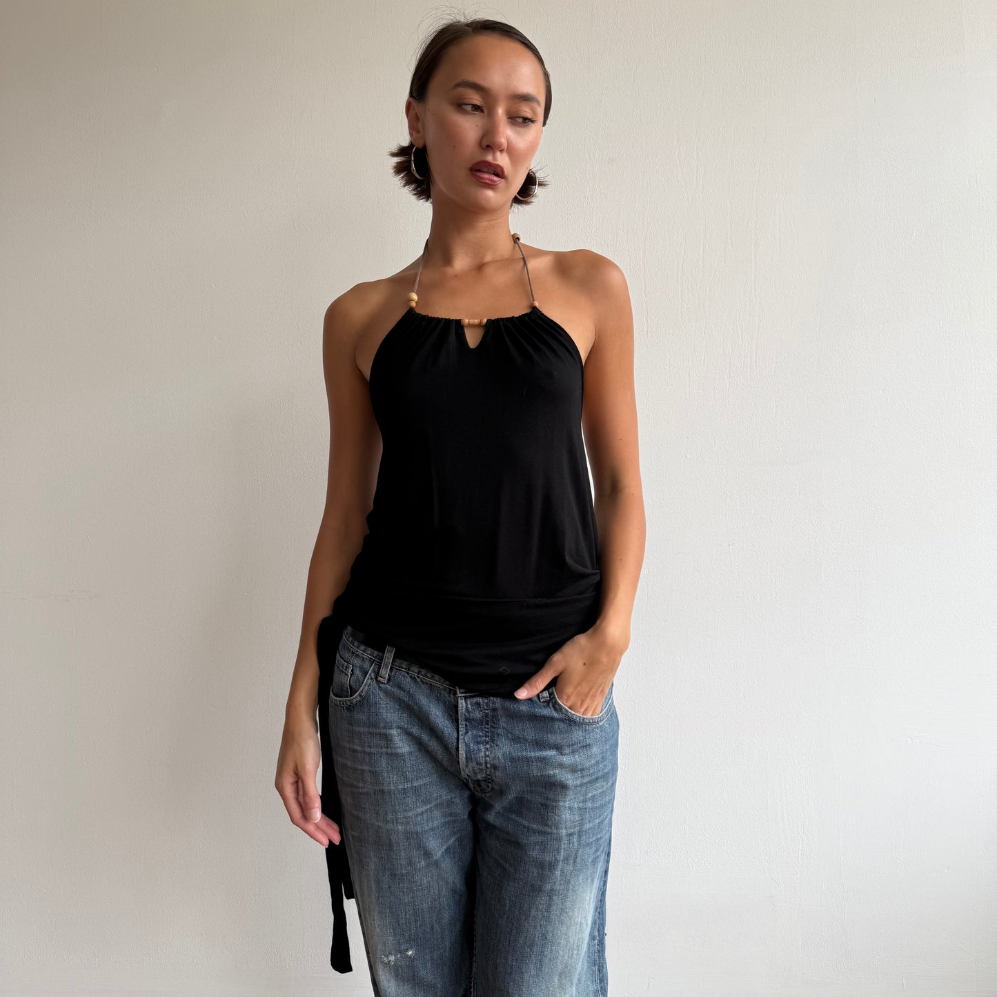 Black bead halter ruffle top - Size S