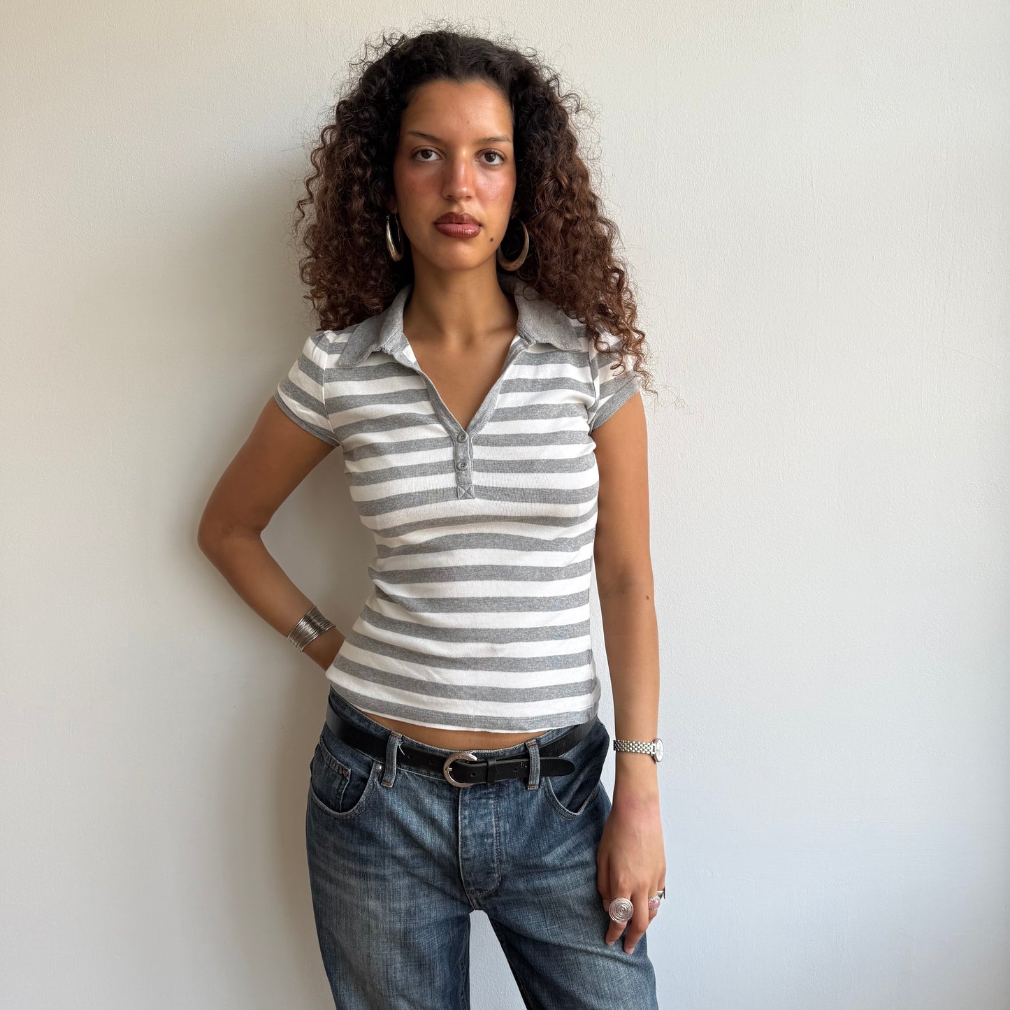 Grey + white striped polo - Size S/M