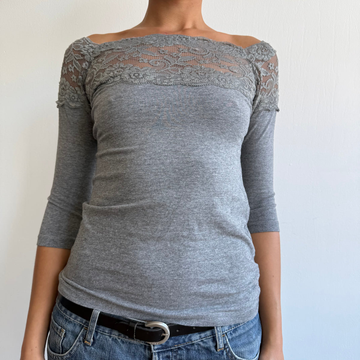 Grey lace bardot 3/4 sleeve top - Size S/M