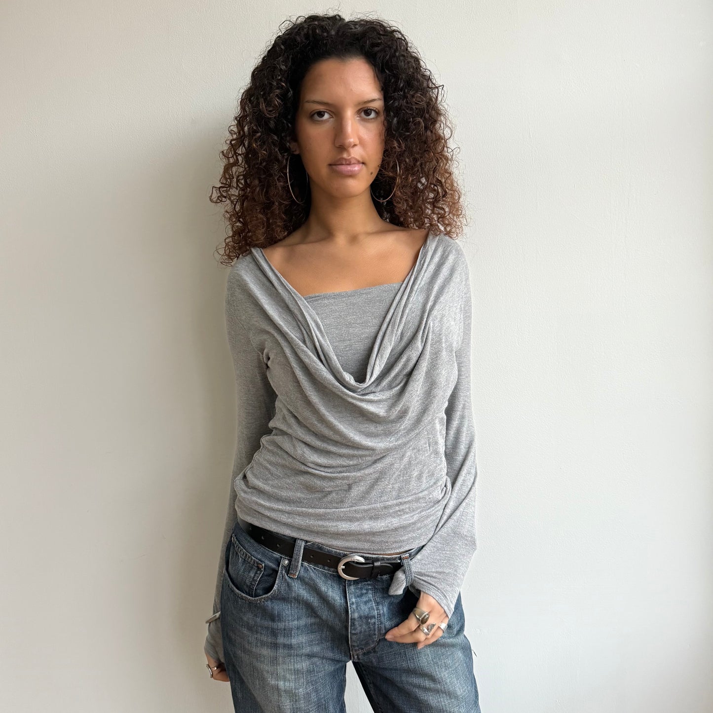 Grey long sleeve slouchy cowl top - Size M