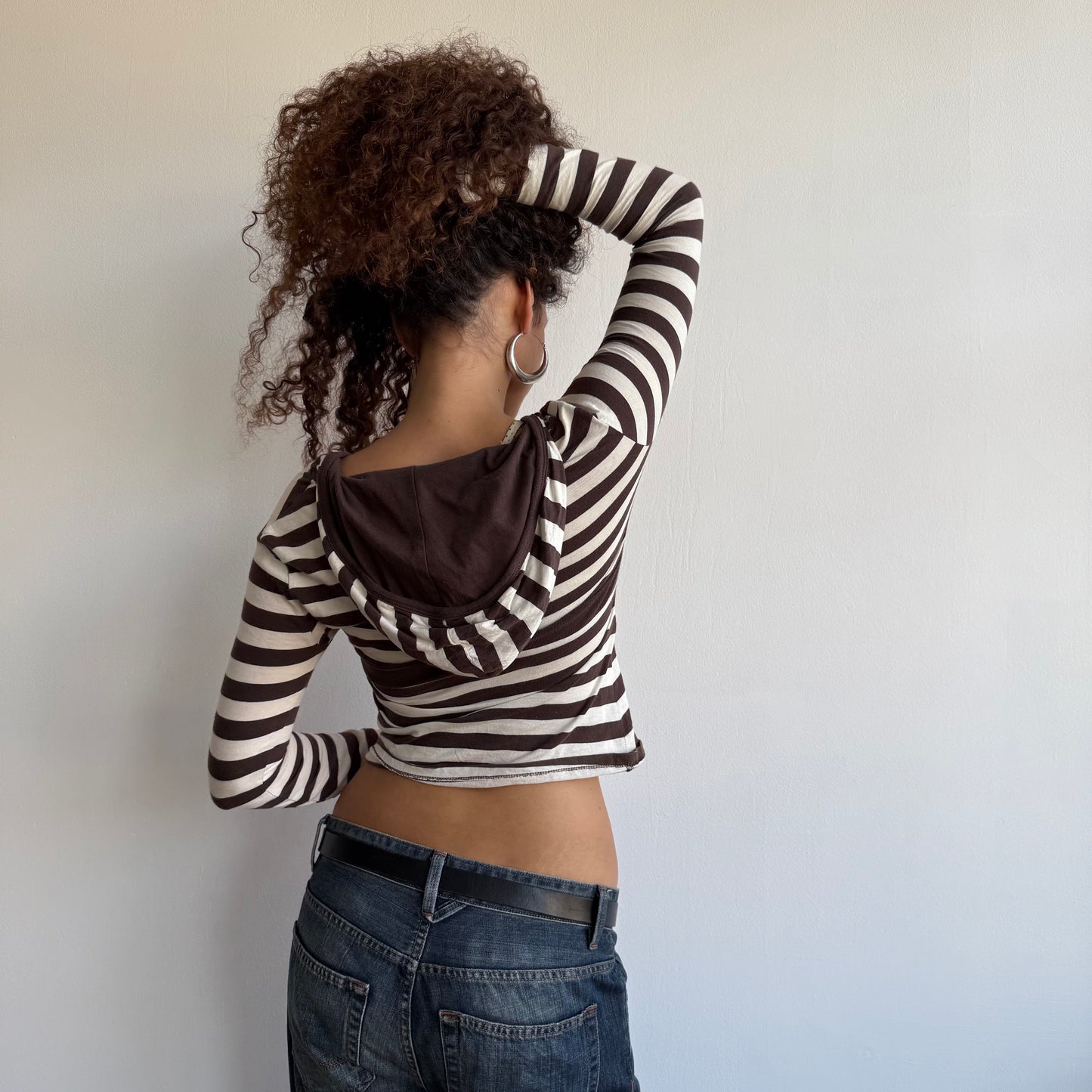 Brown + white striped hooded top - Size S