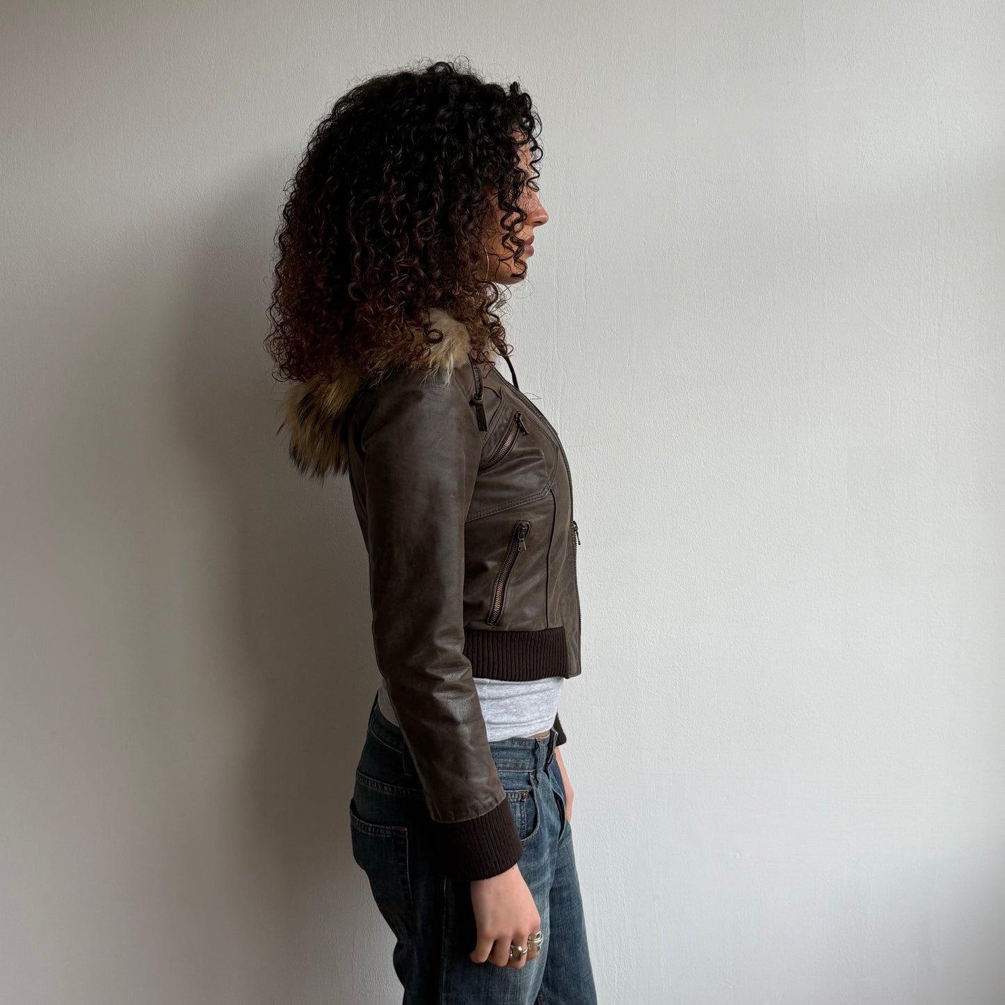 Brown leather fur hood bomber - Size S