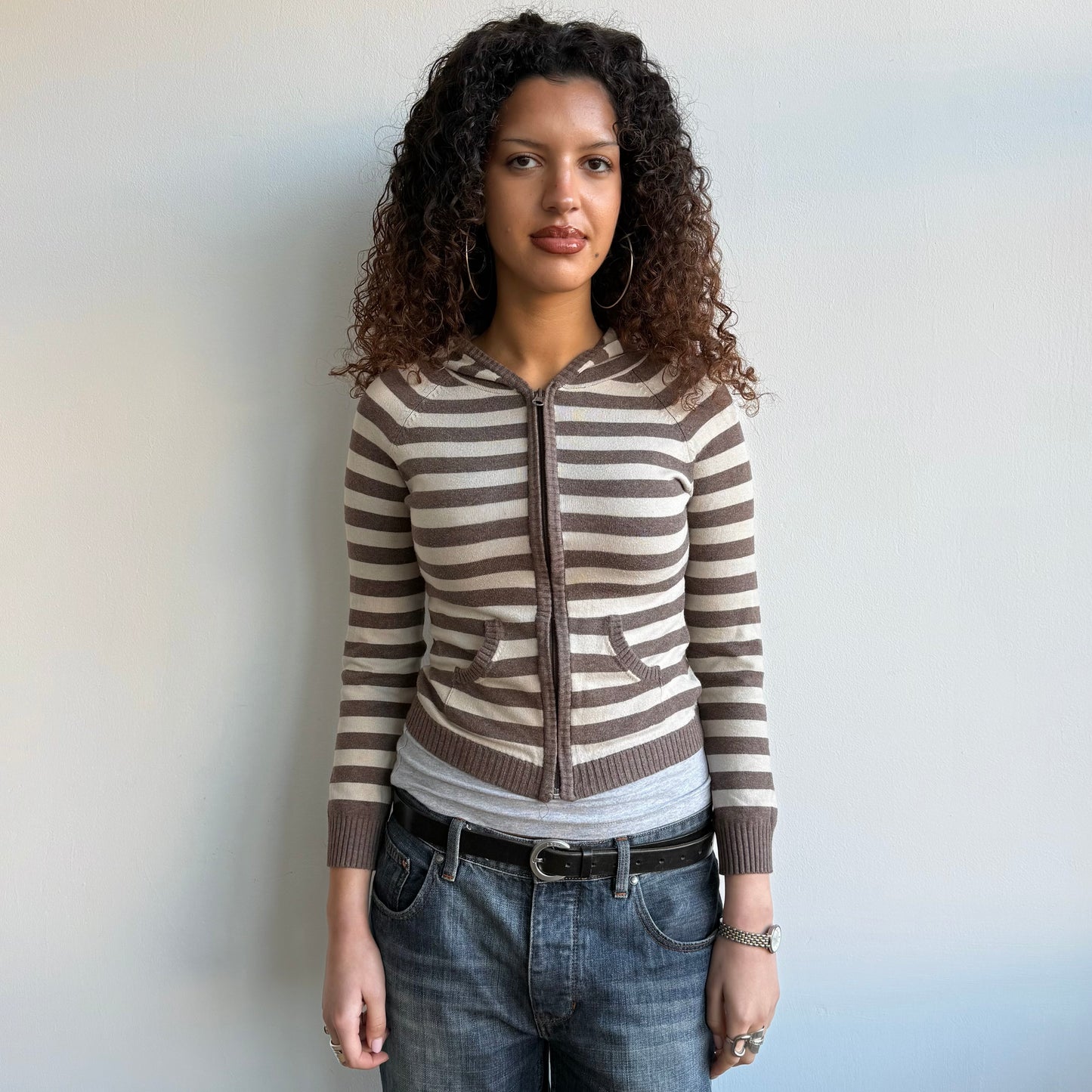 Brown striped knit hoodie - Size XS/S