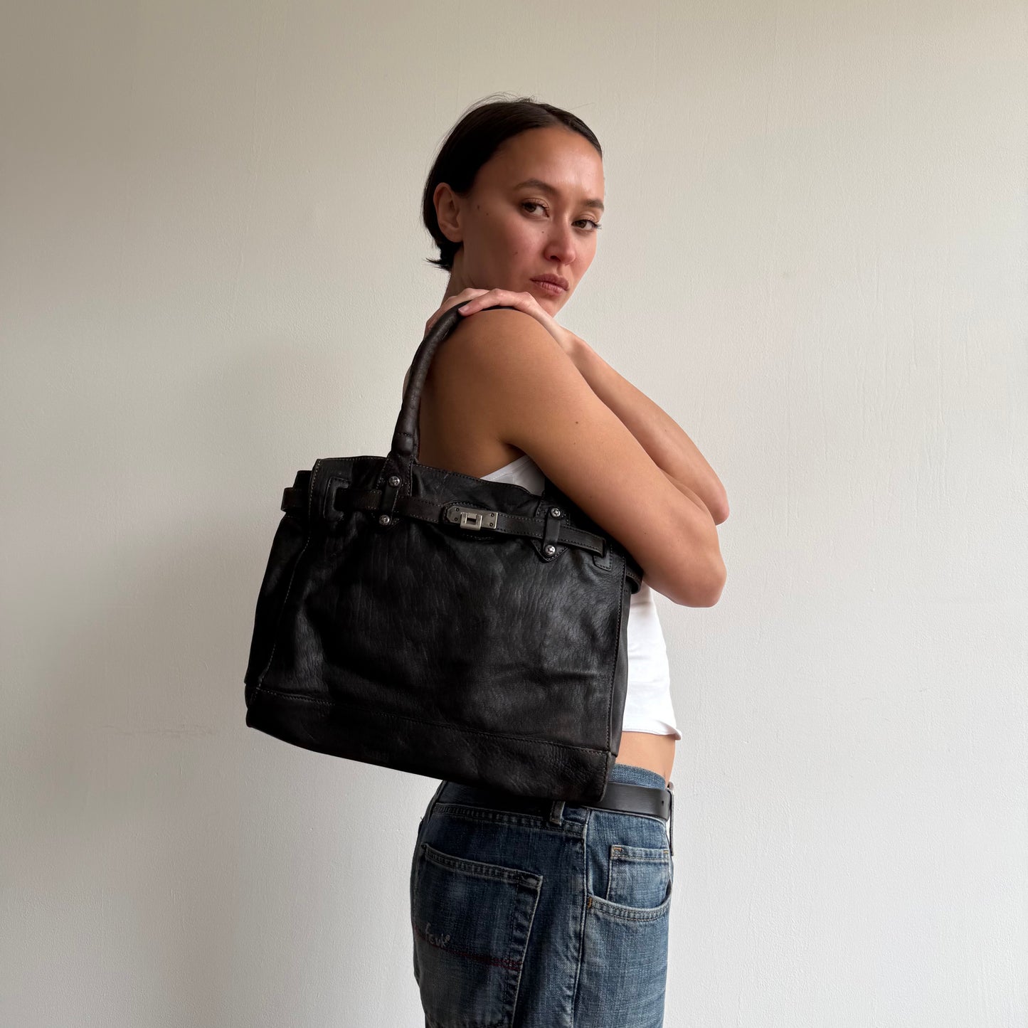 Brown mini leather ‘firkin’ bag - One Size