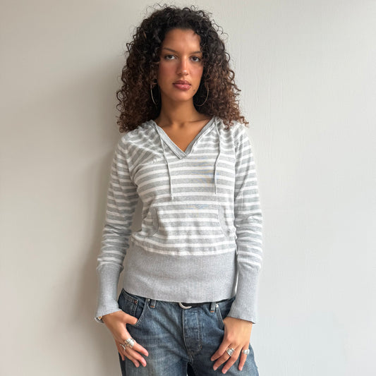Grey + white striped knit hoodie - Size M/L
