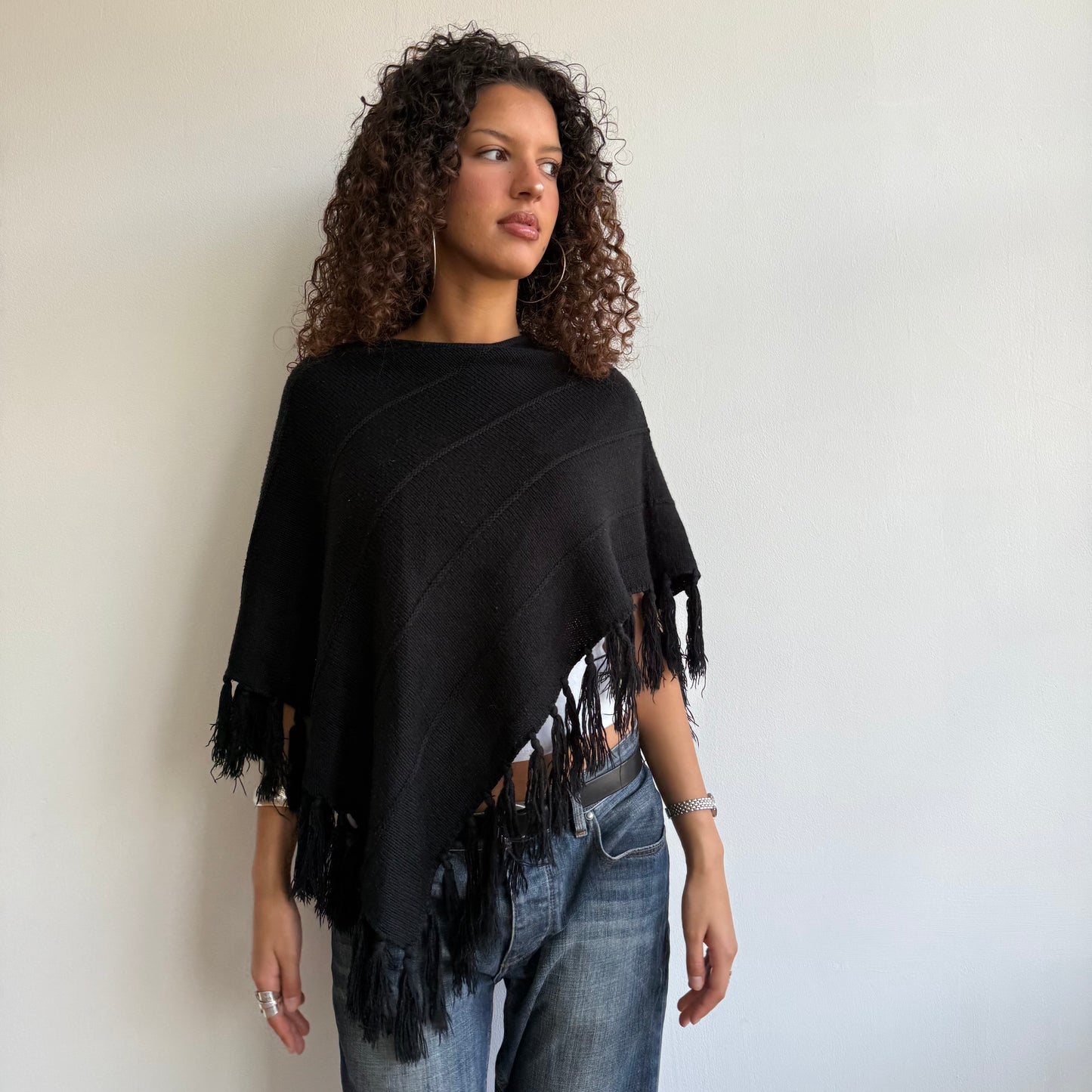 Black tassel poncho - One Size