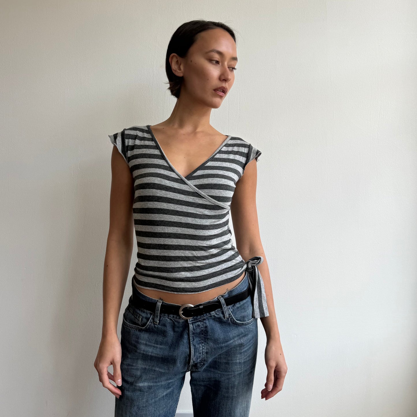 Grey striped wrap ballet top - Size S-M
