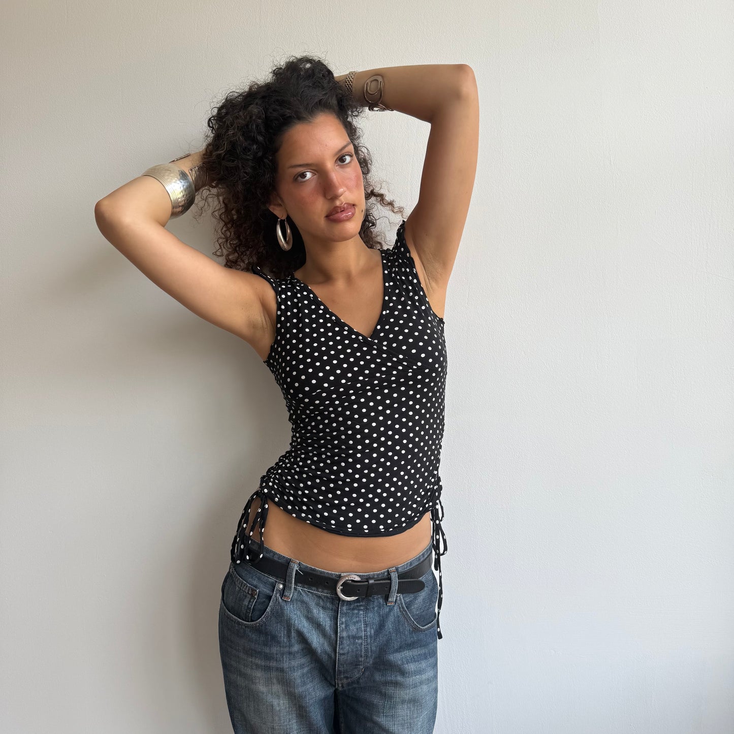 Polka dot ruched tie side t-shirt - Size S