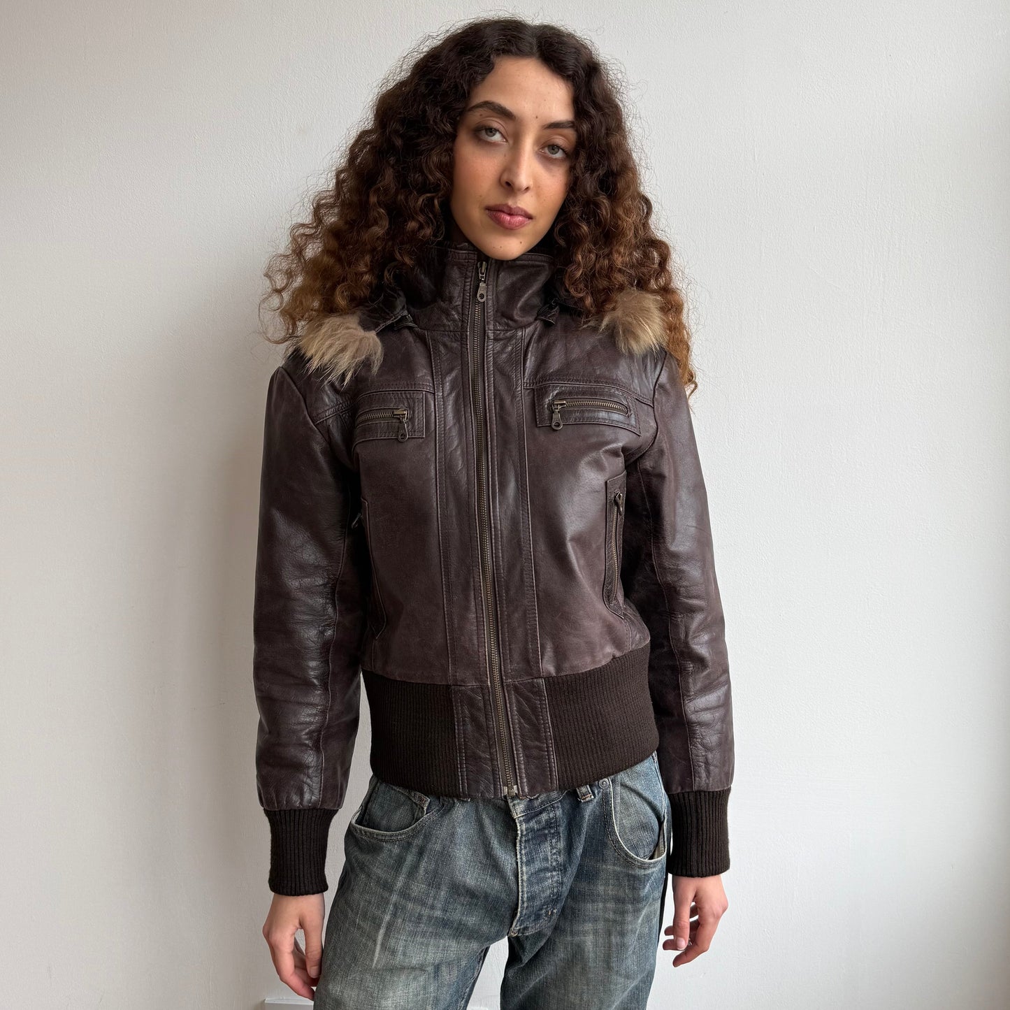Brown leather fur hood bomber - Size M/L