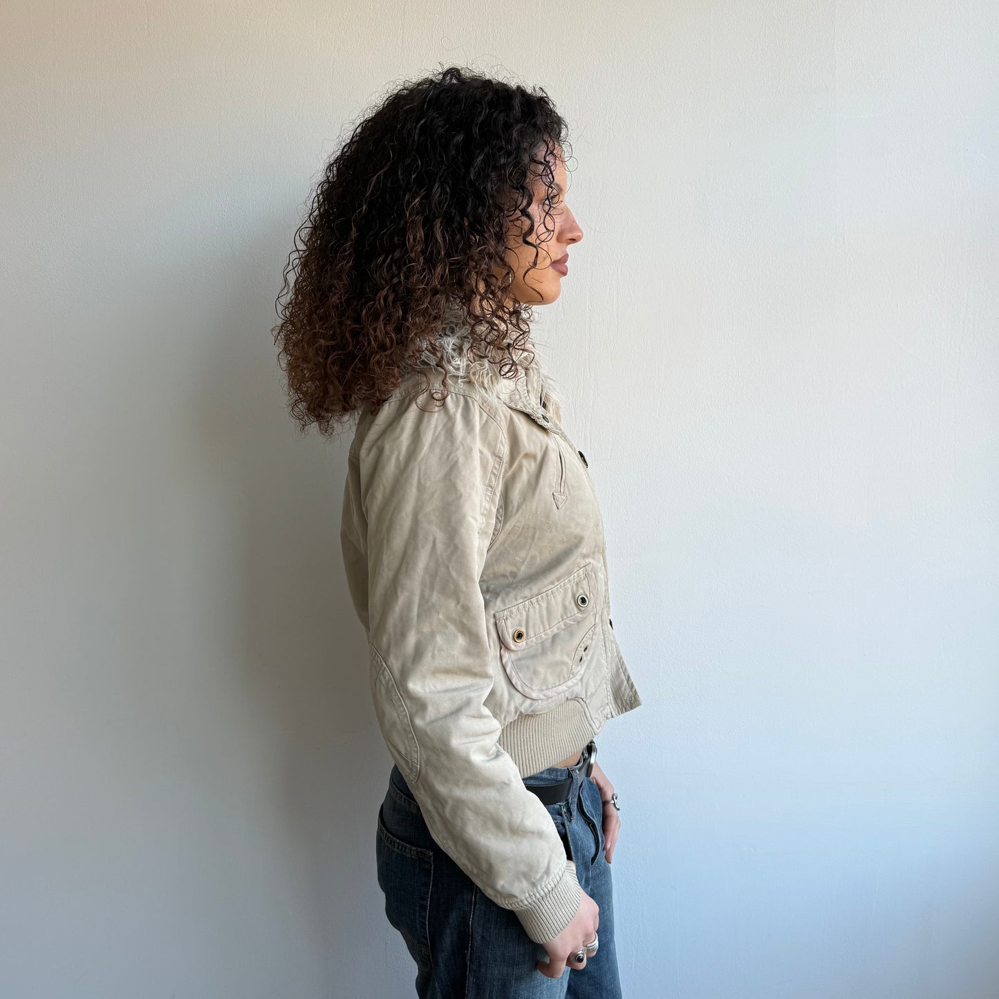 Beige fur collar bomber - Size M