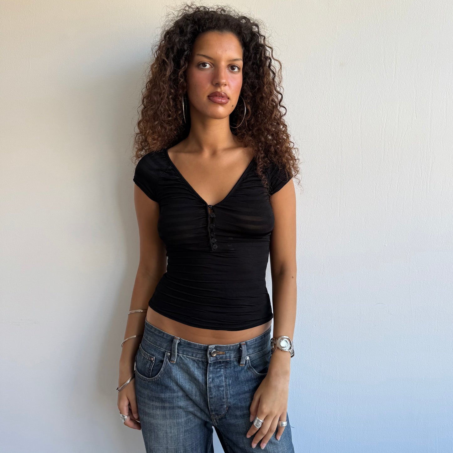 Black striped button top - Size S