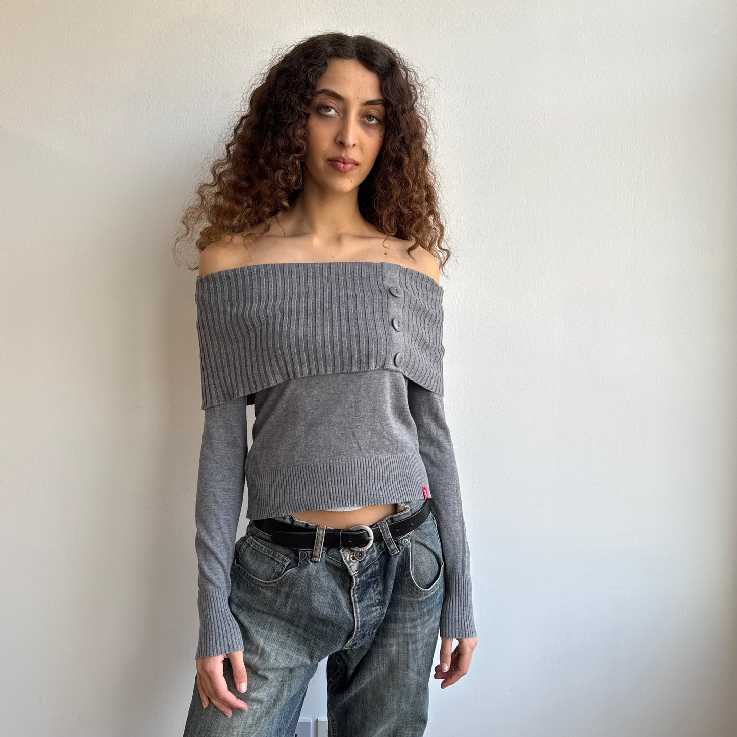 Grey bardot button knit jumper - Size S