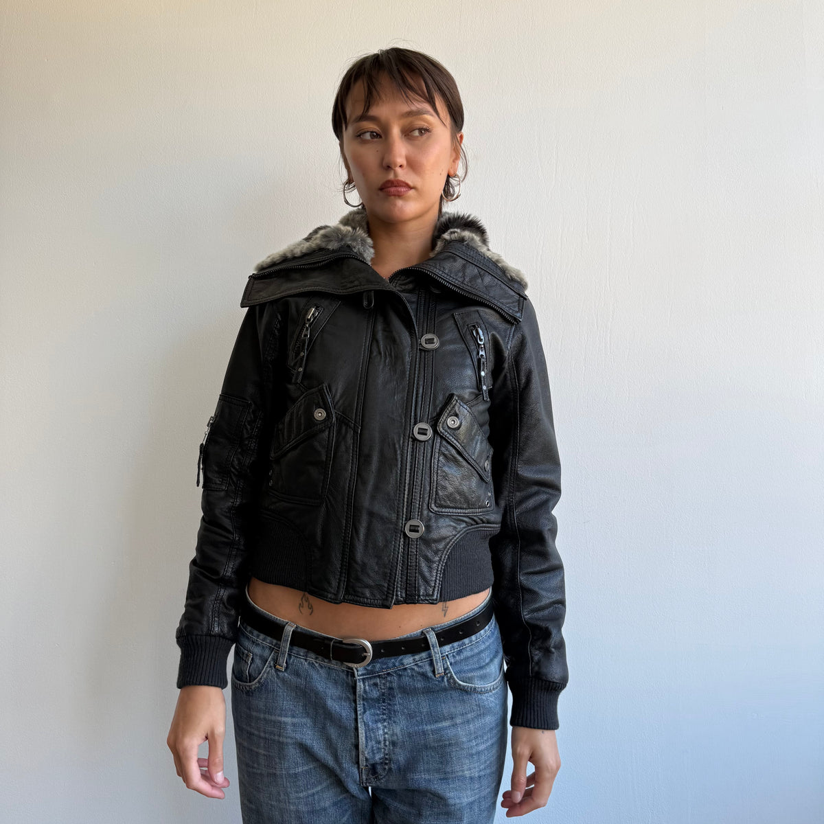 Black leather fur collar bomber - Size S/M