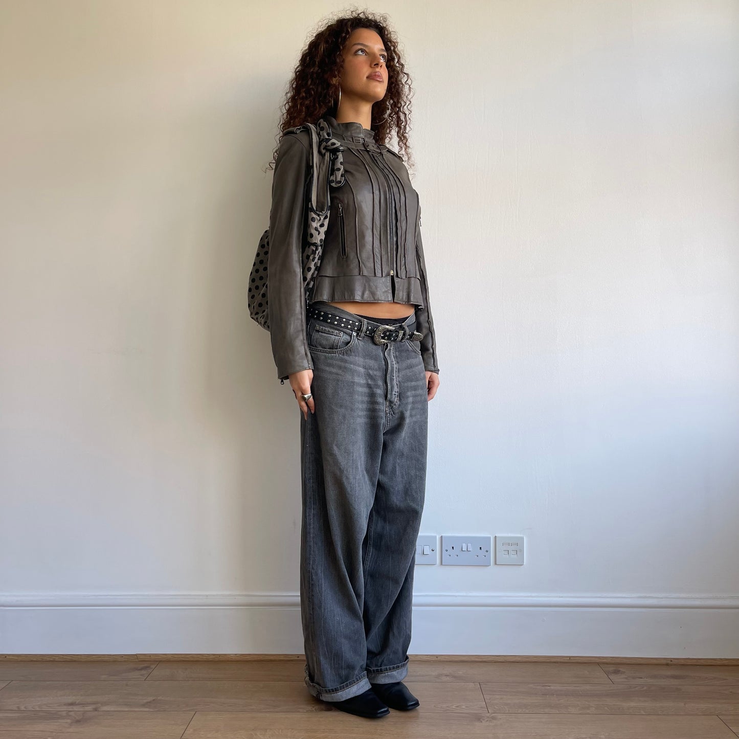 Grey leather moto jacket - Size S