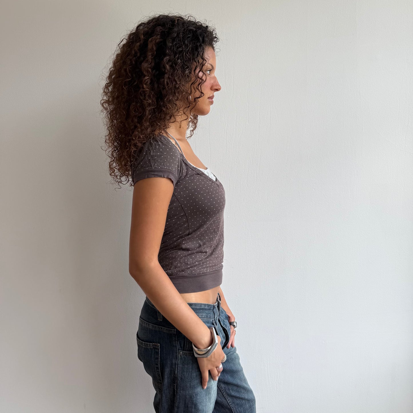 Brown polka dot striped halter top - Size S-M