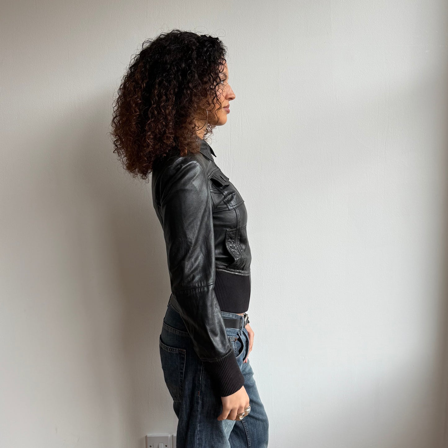 Black leather bomber jacket - Size S/M