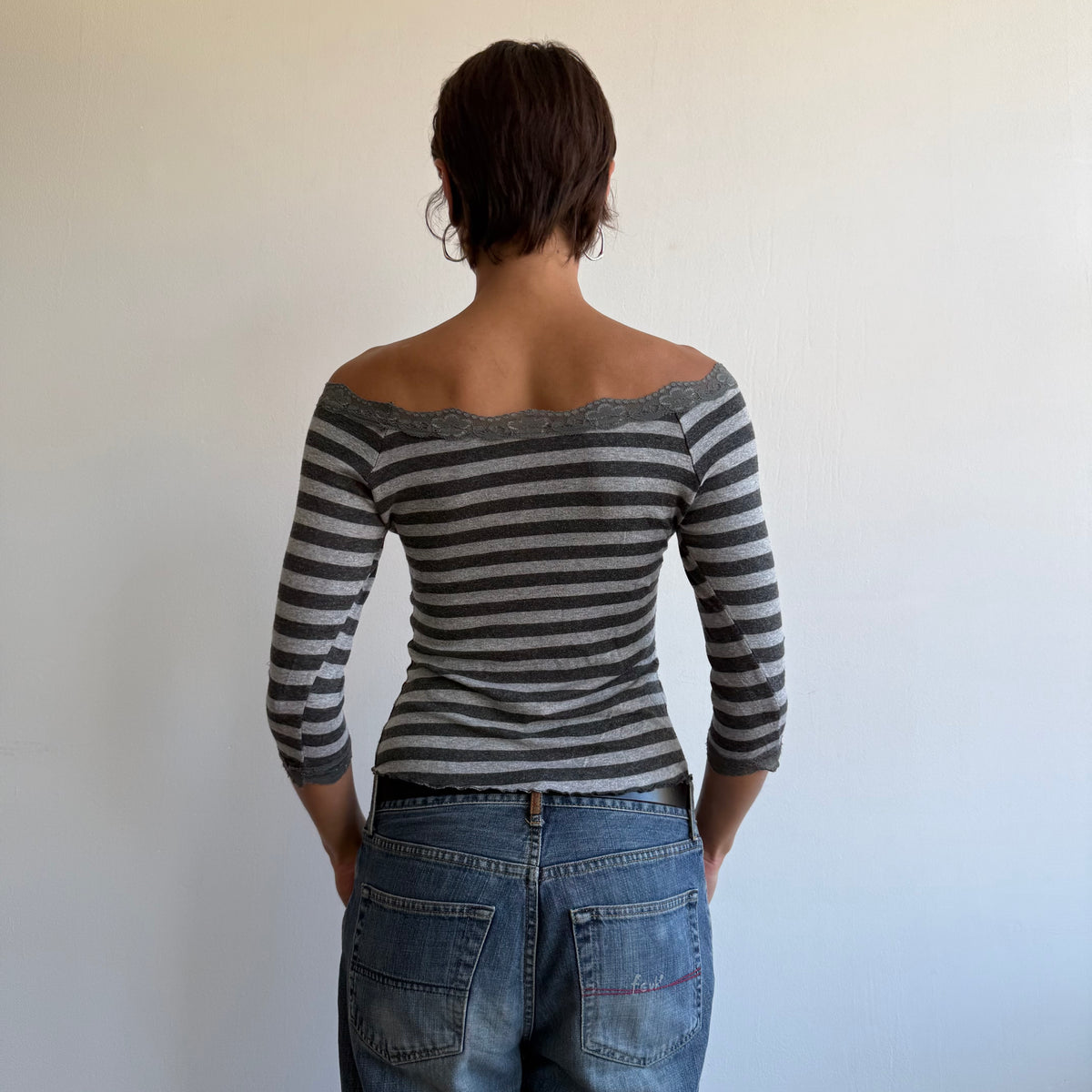 Grey striped lace 3/4 sleeve top - Size S