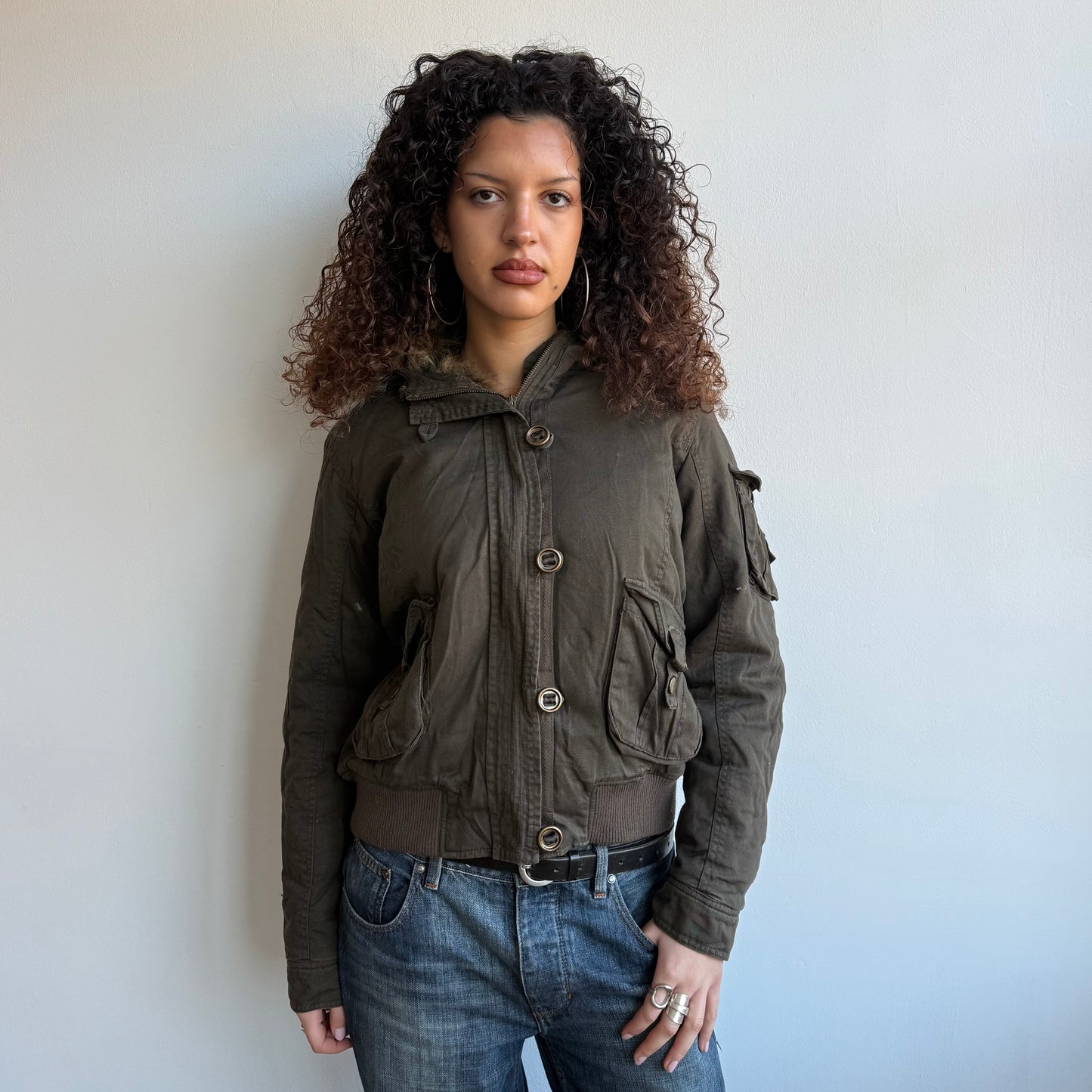 Khaki fur hood bomber - Size L