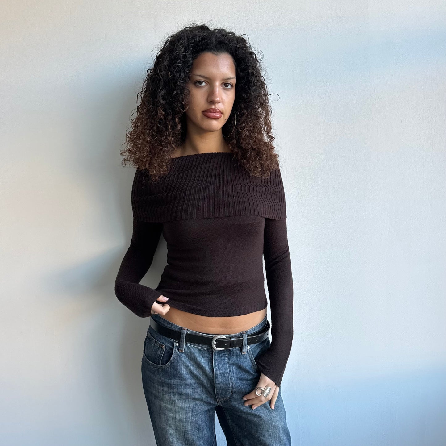 Brown Bardot knit jumper - Size S