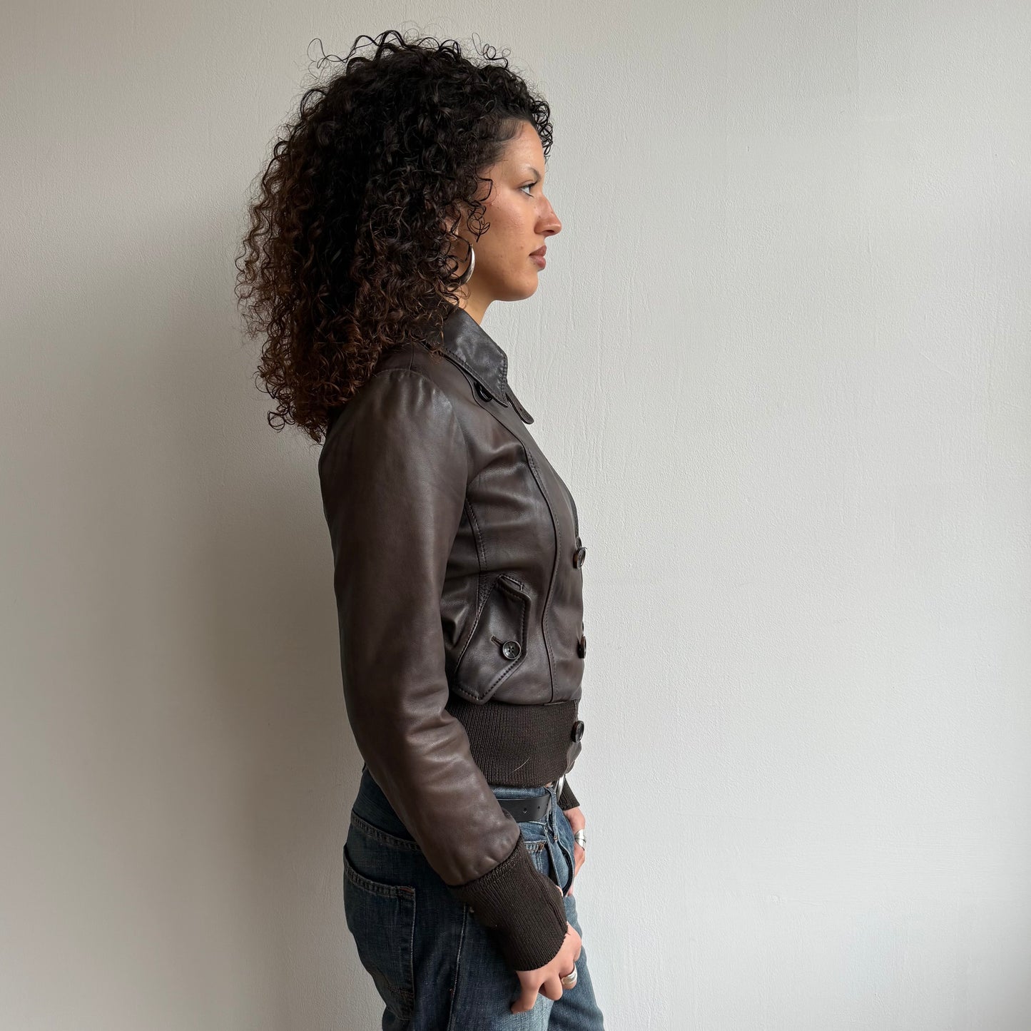 Brown leather moto bomber - Size S