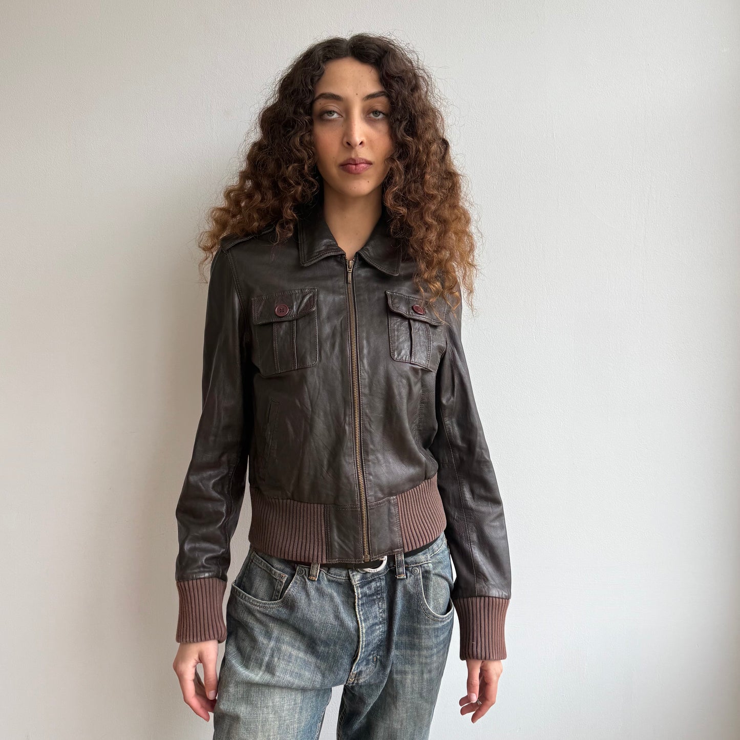 Brown leather bomber jacket - Size S