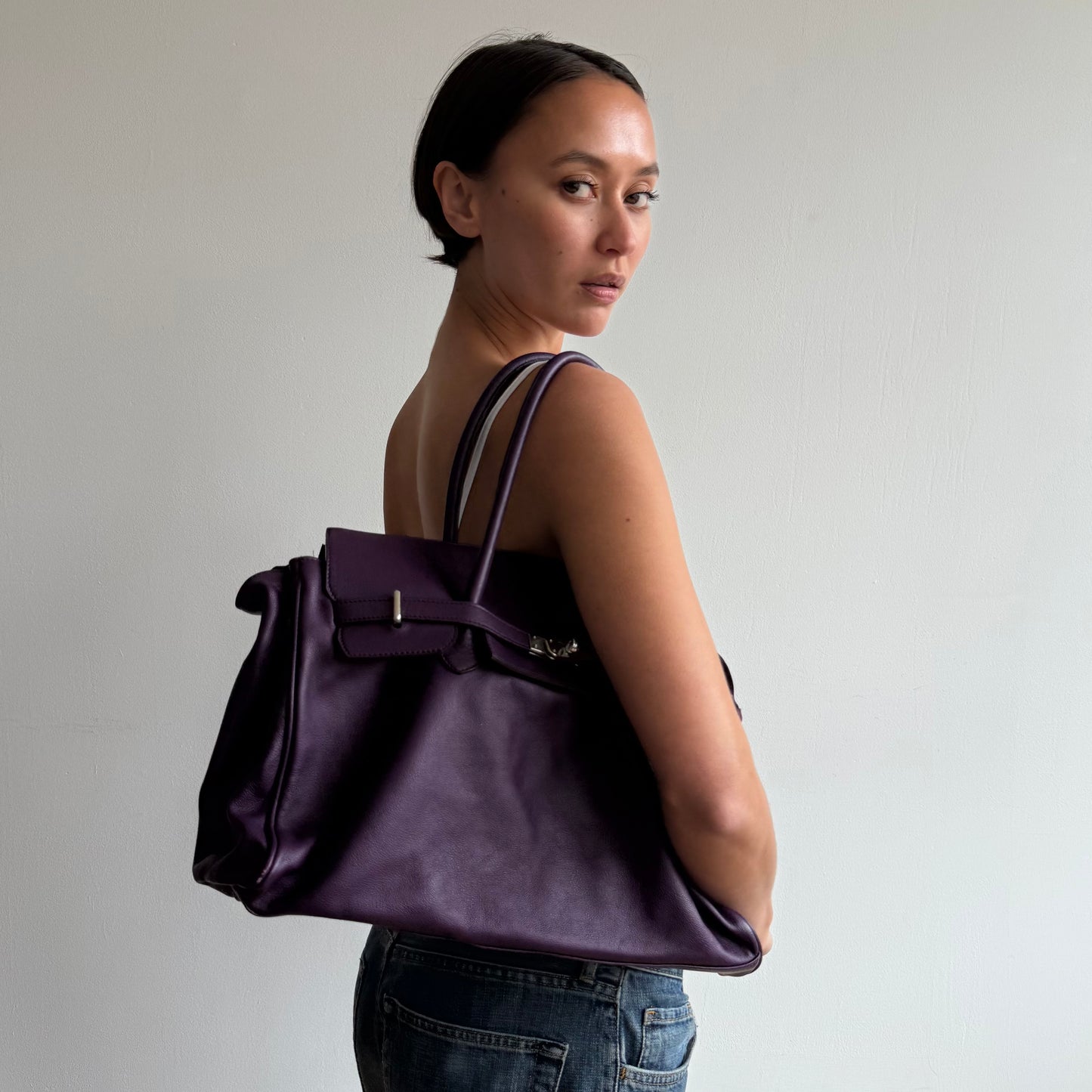 Purple leather ‘firkin’ bag - One Size
