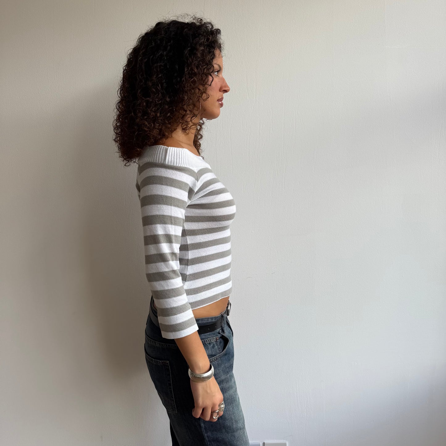 Grey + white striped Bardot knit - Size S