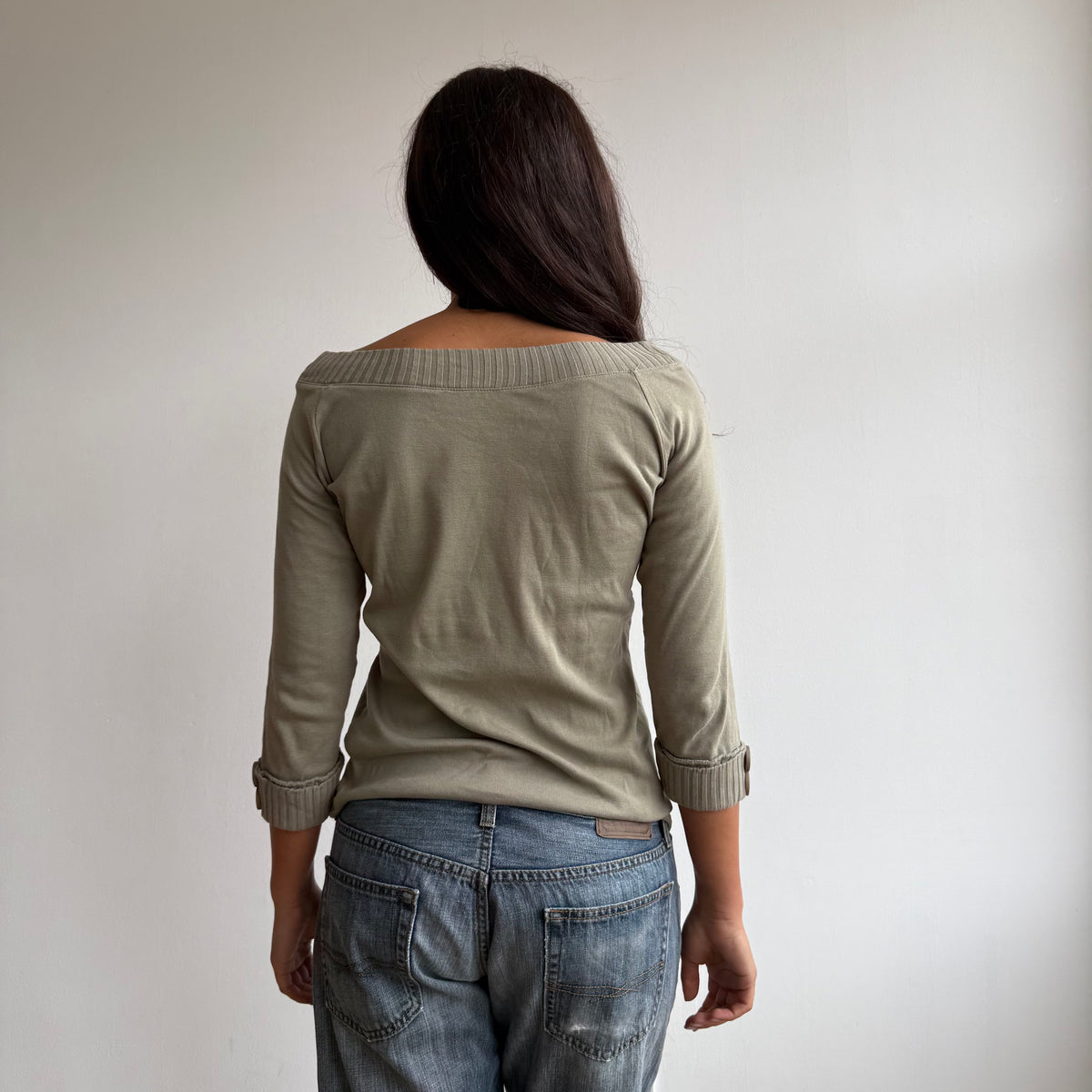 Khaki 3/4 sleeve button top - Size M