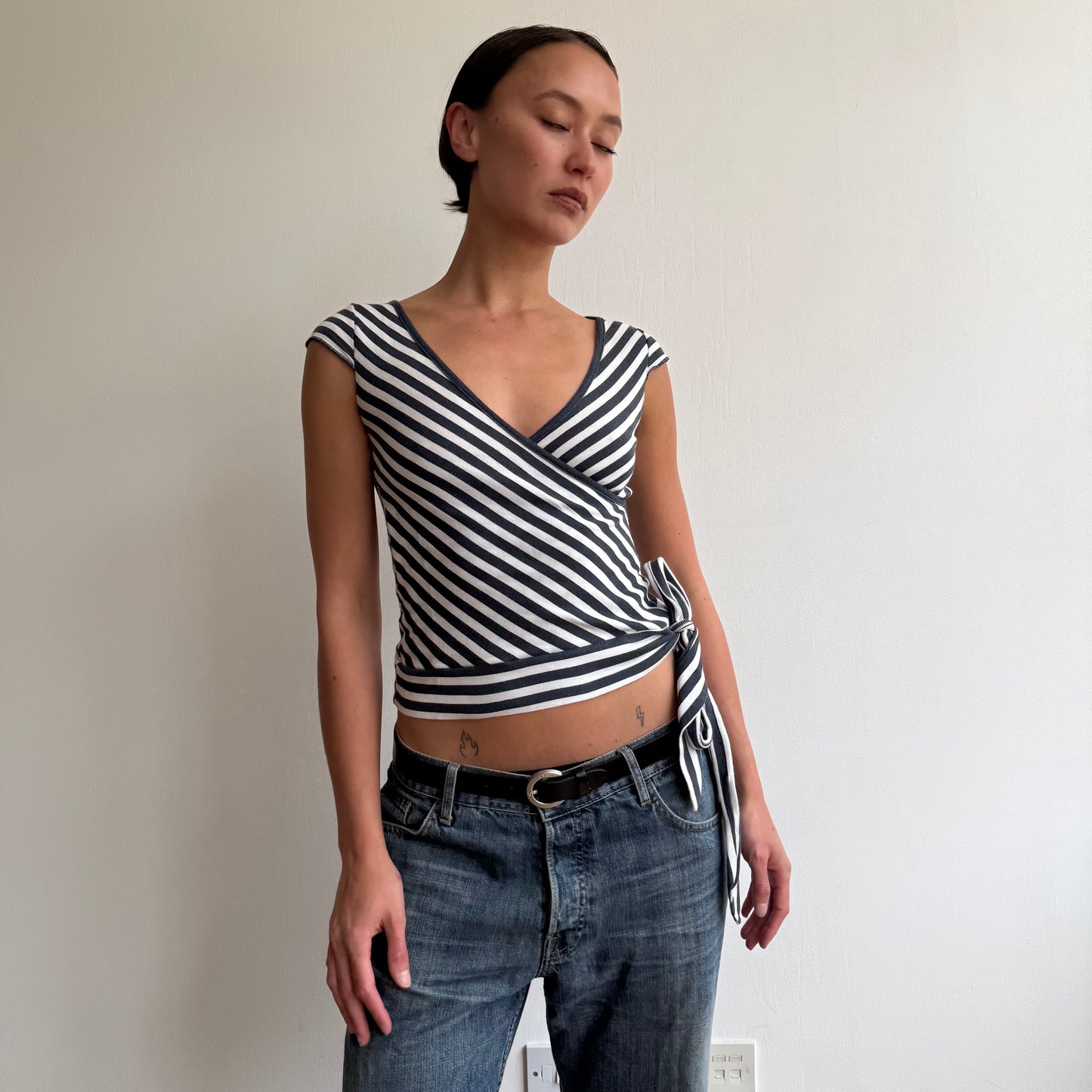 Navy + white stripe wrap top - Size S