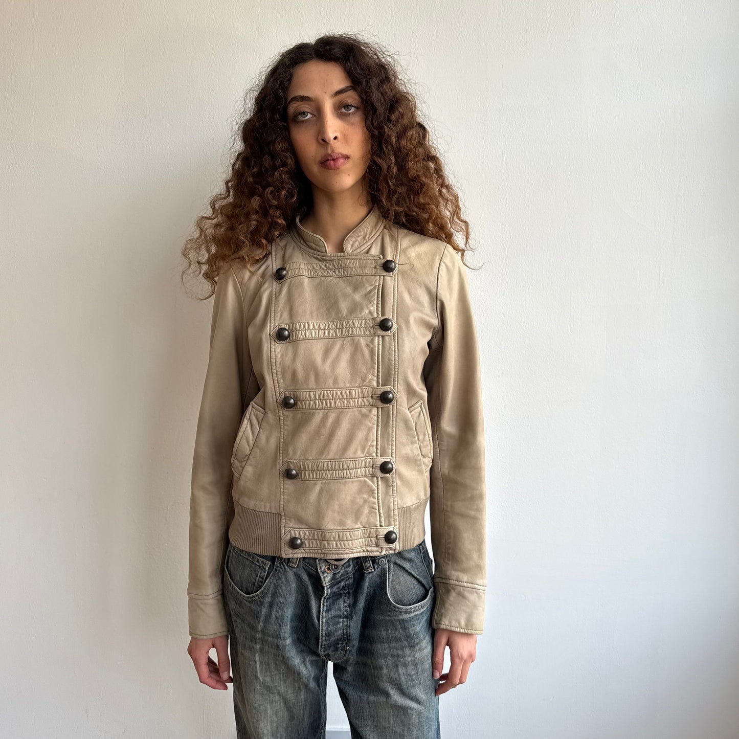 Beige leather military bomber - Size M