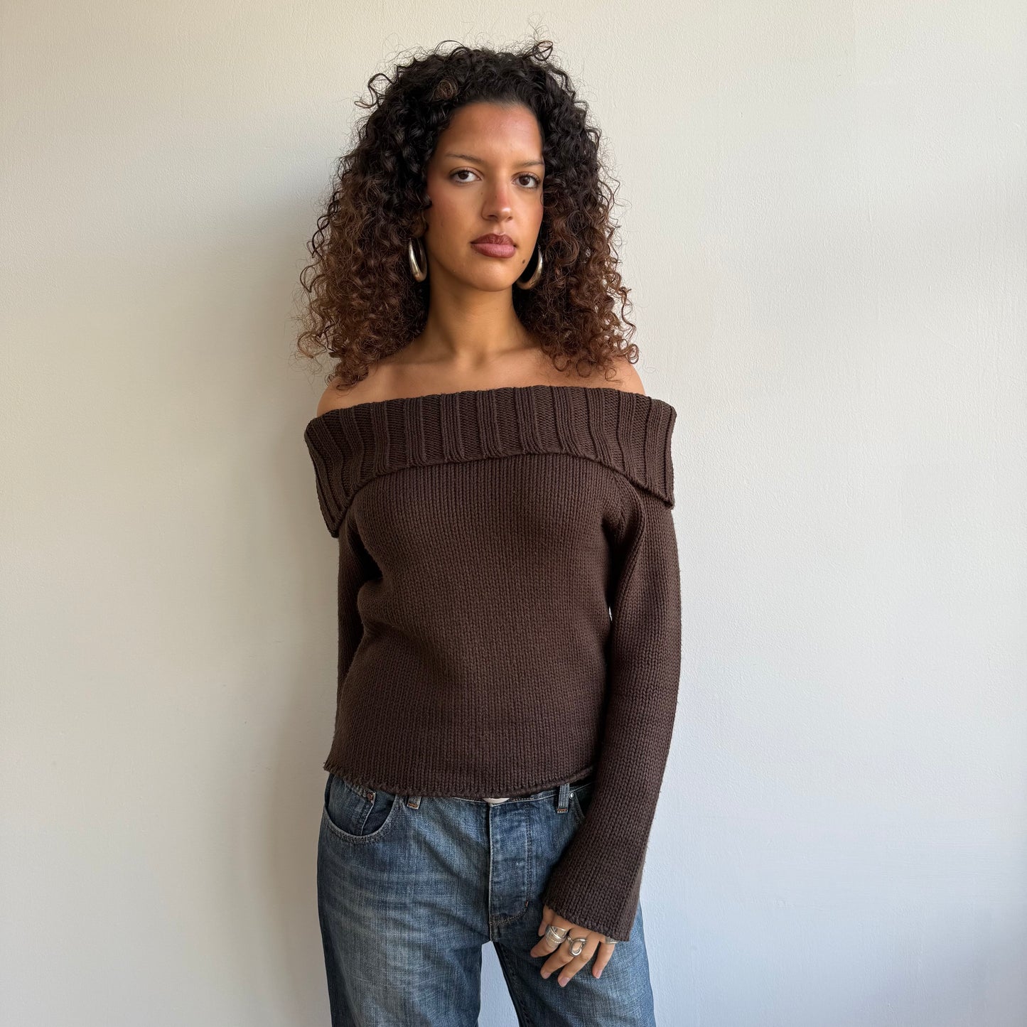 Brown knit Bardot jumper - Size M
